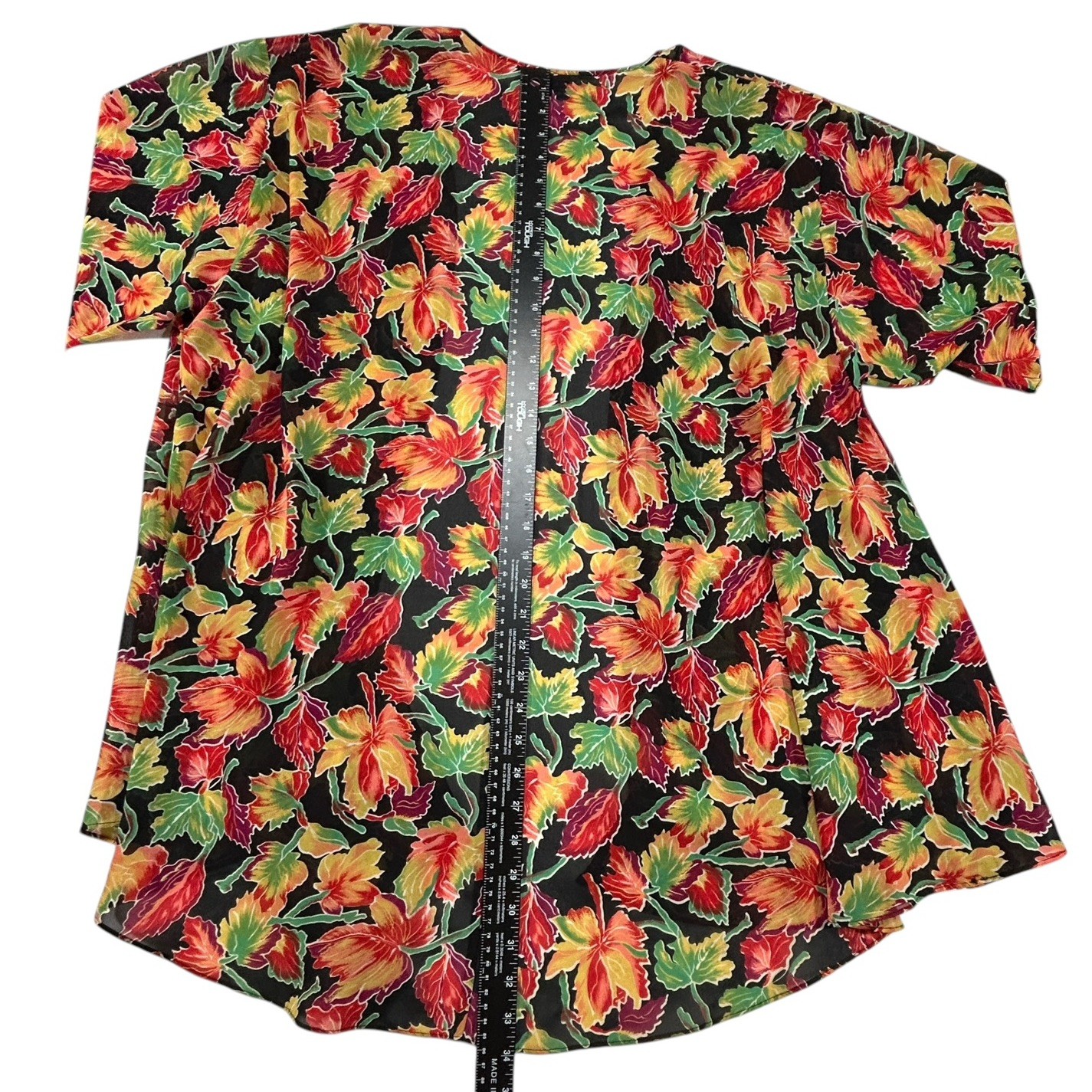 Vtg Natori Sheer Floral Leaf Print Open Front Kimono Robe Cover Up Black Multi