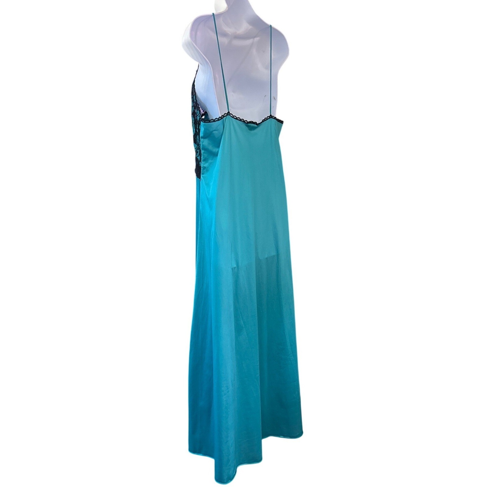 Vintage CineStar Nightgown Teal Blue Black Lace Romantic Glamour Regencycore