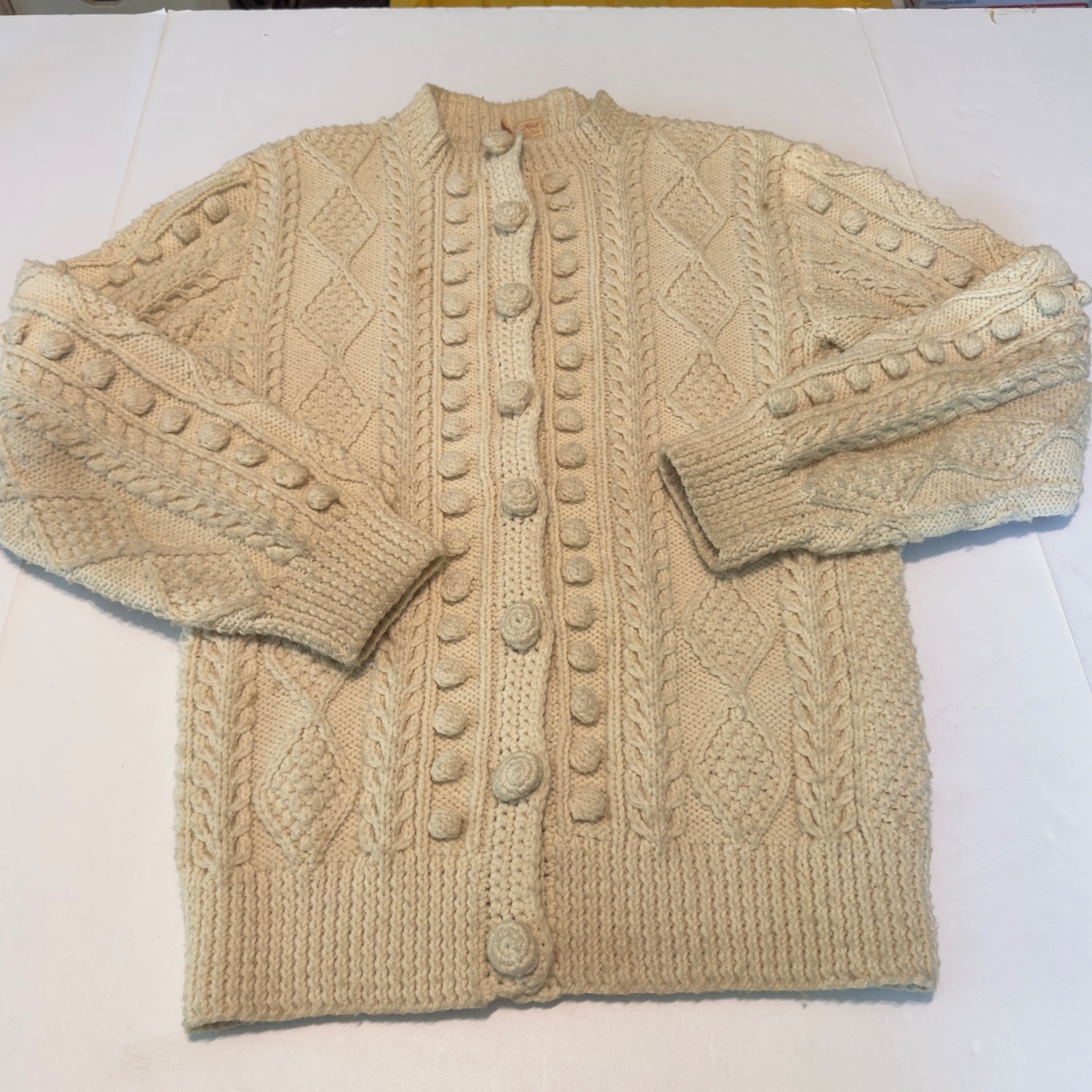 Theresa Farren Hand Knit Wool Aran Cardigan Cream Cable Bobble Fisherman Sweater