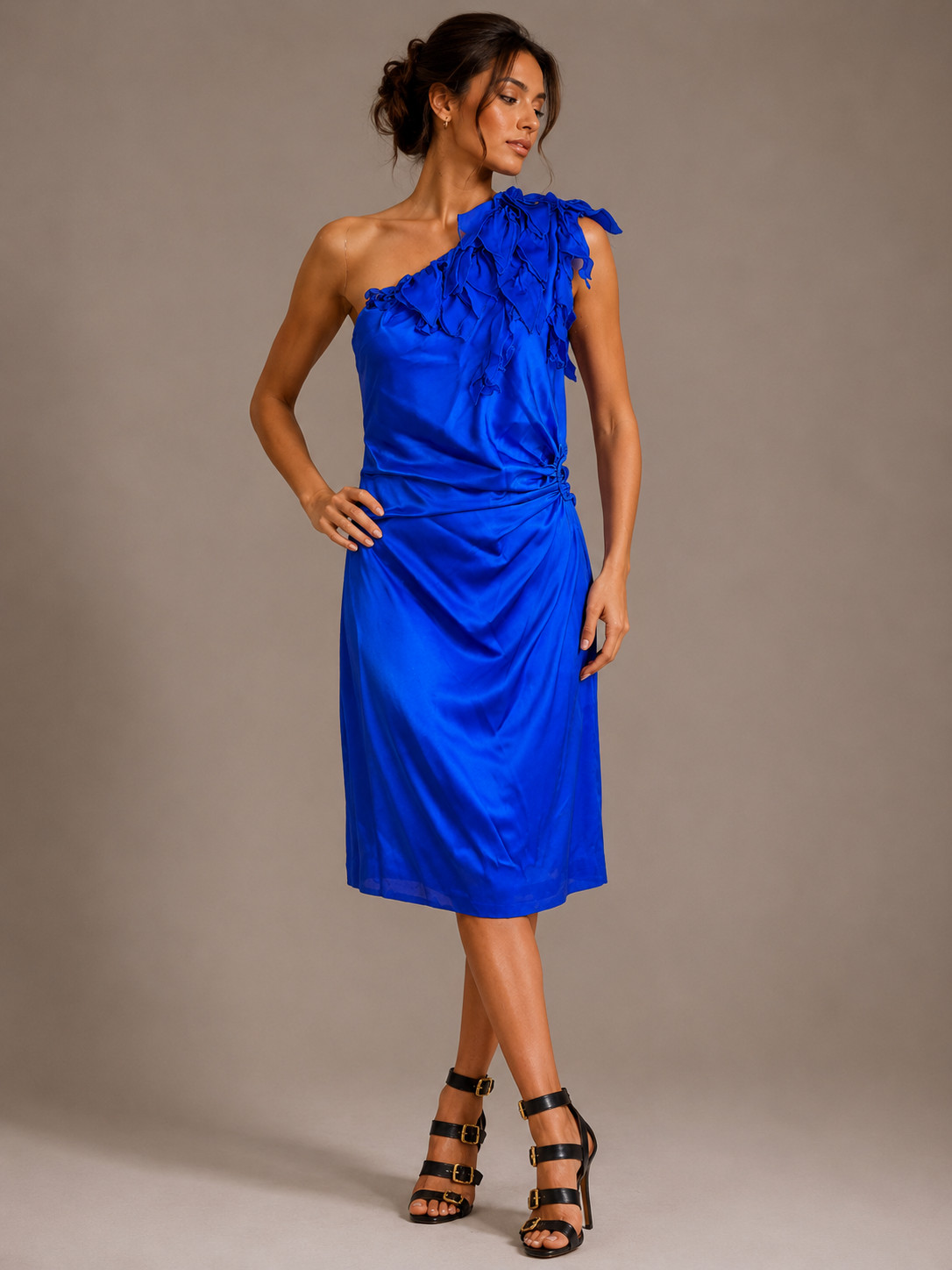 Vintage ROBERTO CAVALLI One Shoulder Silk Dress 46 10 US Blue Ruffle Detail