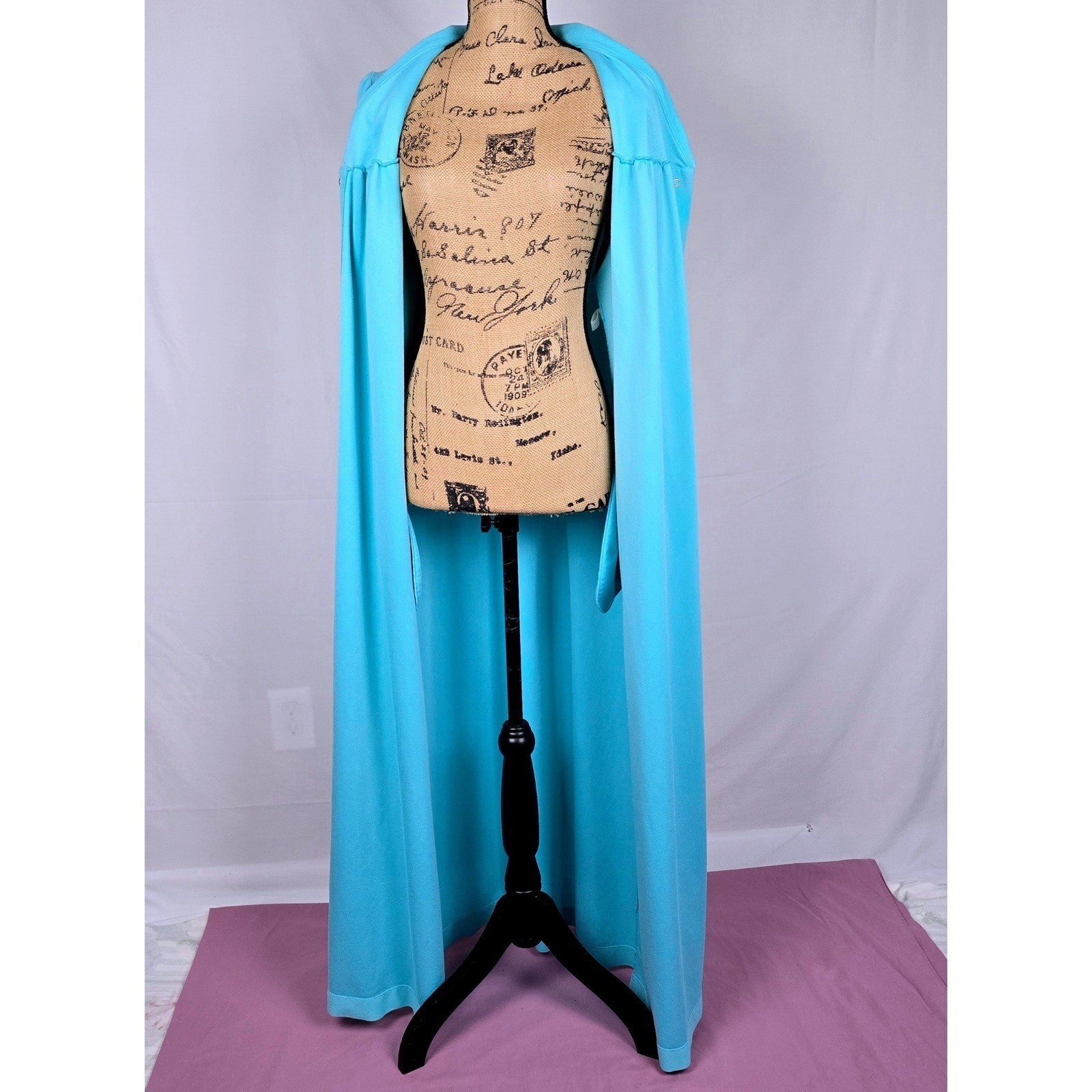 Vintage Shadowline Robe Turquoise Blue Fleece Floral Embroidered Snap Front L
