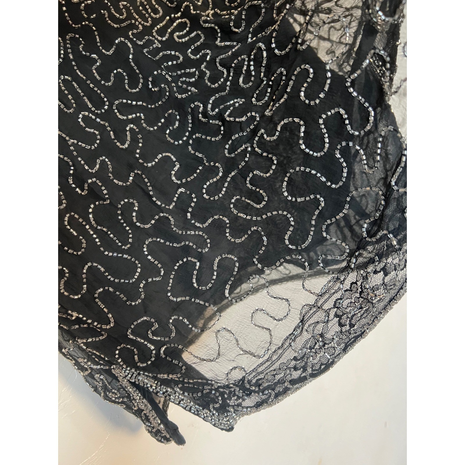 Carina Vintage Pure Silk Beaded Sequin Top Black Gold Silver Flapper Gatsby L
