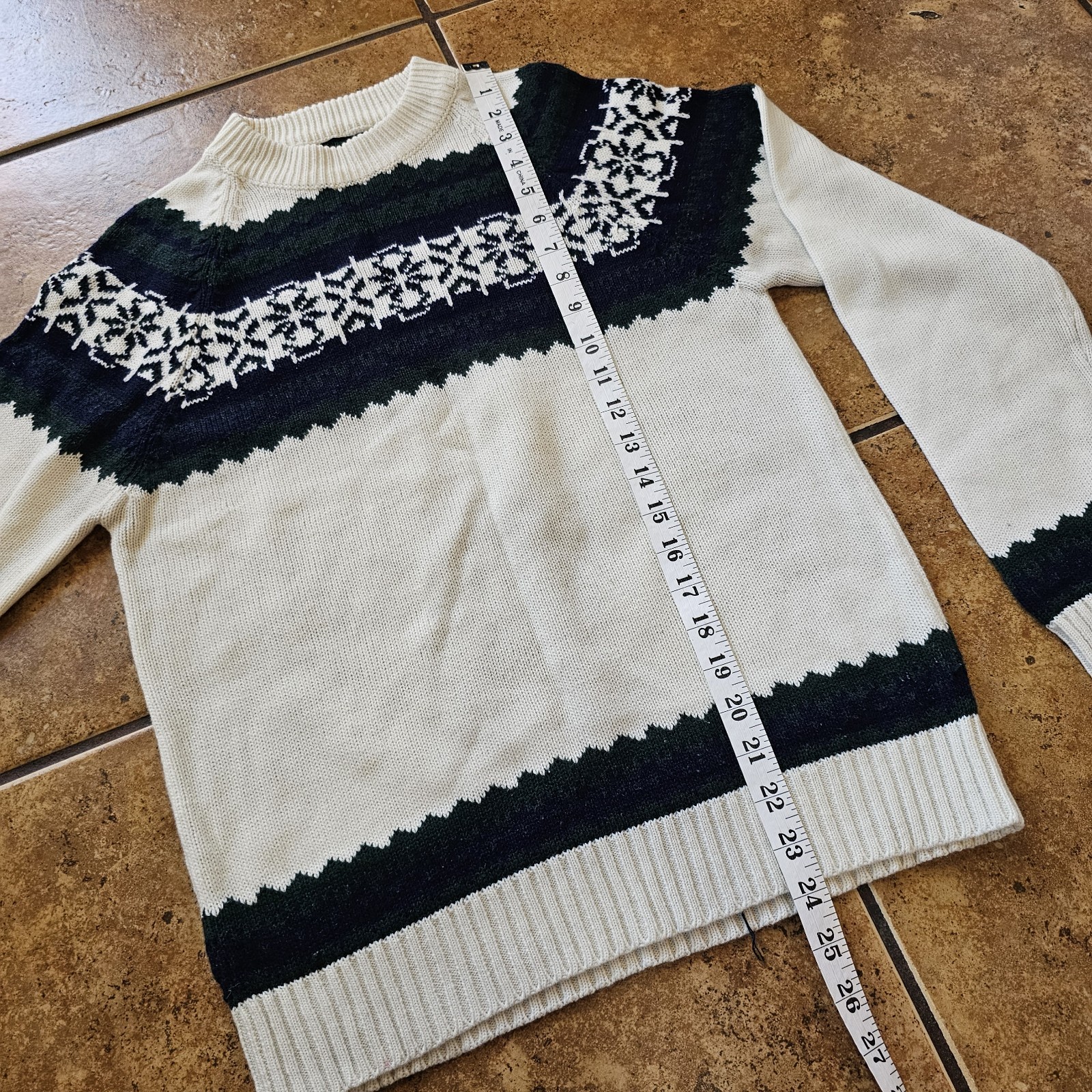 Vintage 60s Knit Sweater Fair Isle Medium Sigallo Cream Blue Green Ski Winter