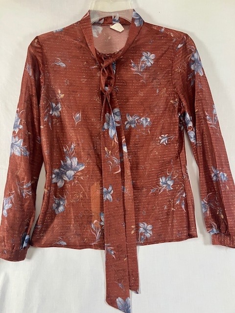 Vintage 70’s Tie Bow Blouse Women’s Gold Treading Secretary Disco Floral Sheer