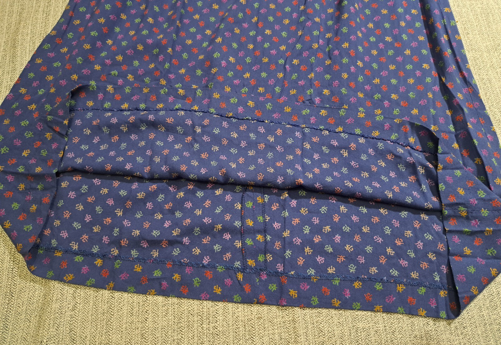 Vtg HUMMELSHEIM 1970s Long Sleeve Stand Collar Asian Pattern Blue Dress Sz 36