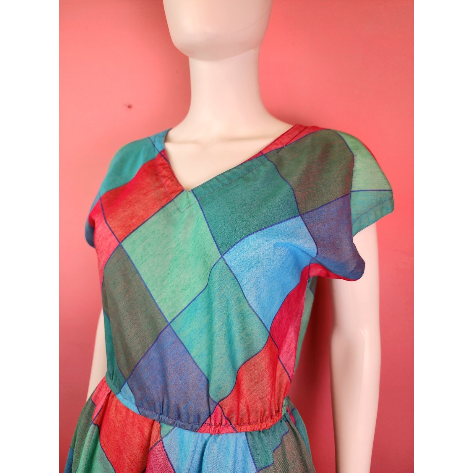 Vintage 1970’s Madras Harlequin Diamond Check Plaid Magenta Blue Shirt Dress