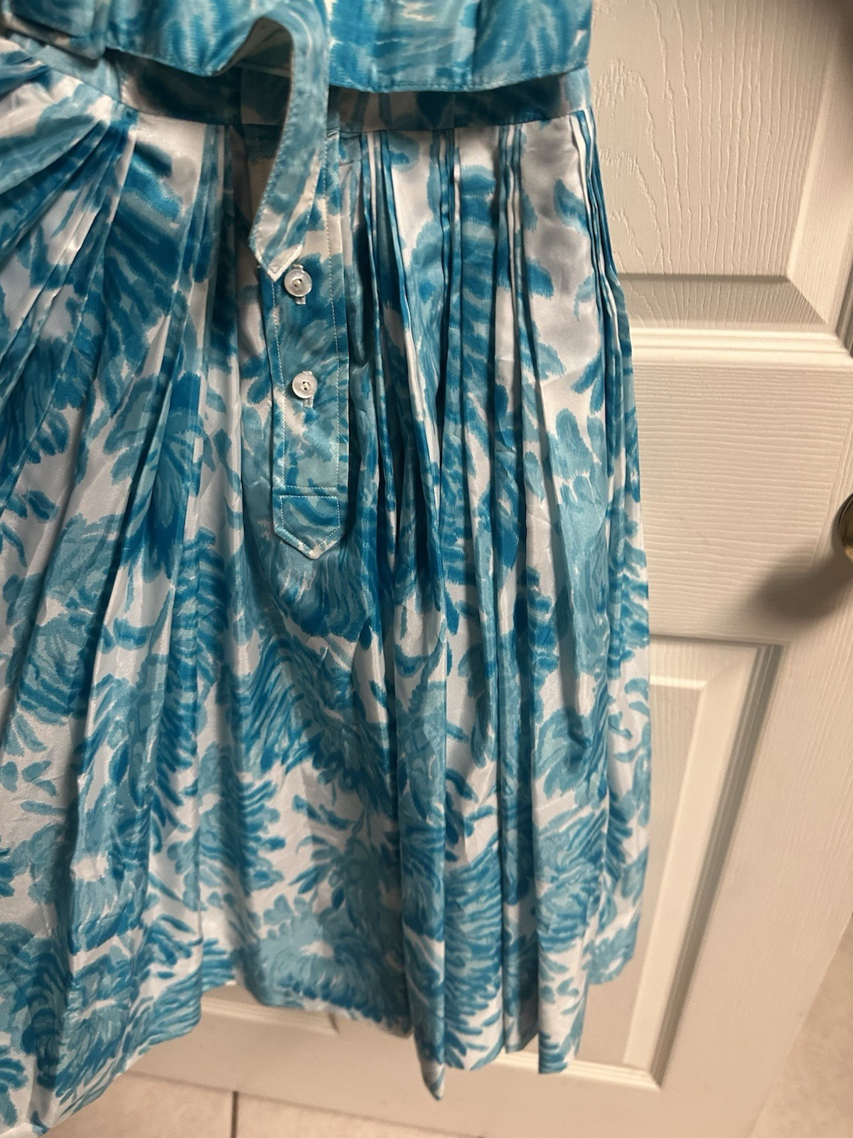 VNT 50s Martha Clyde Watercolor Floral Pleated Housewife Belted Blue White Dress