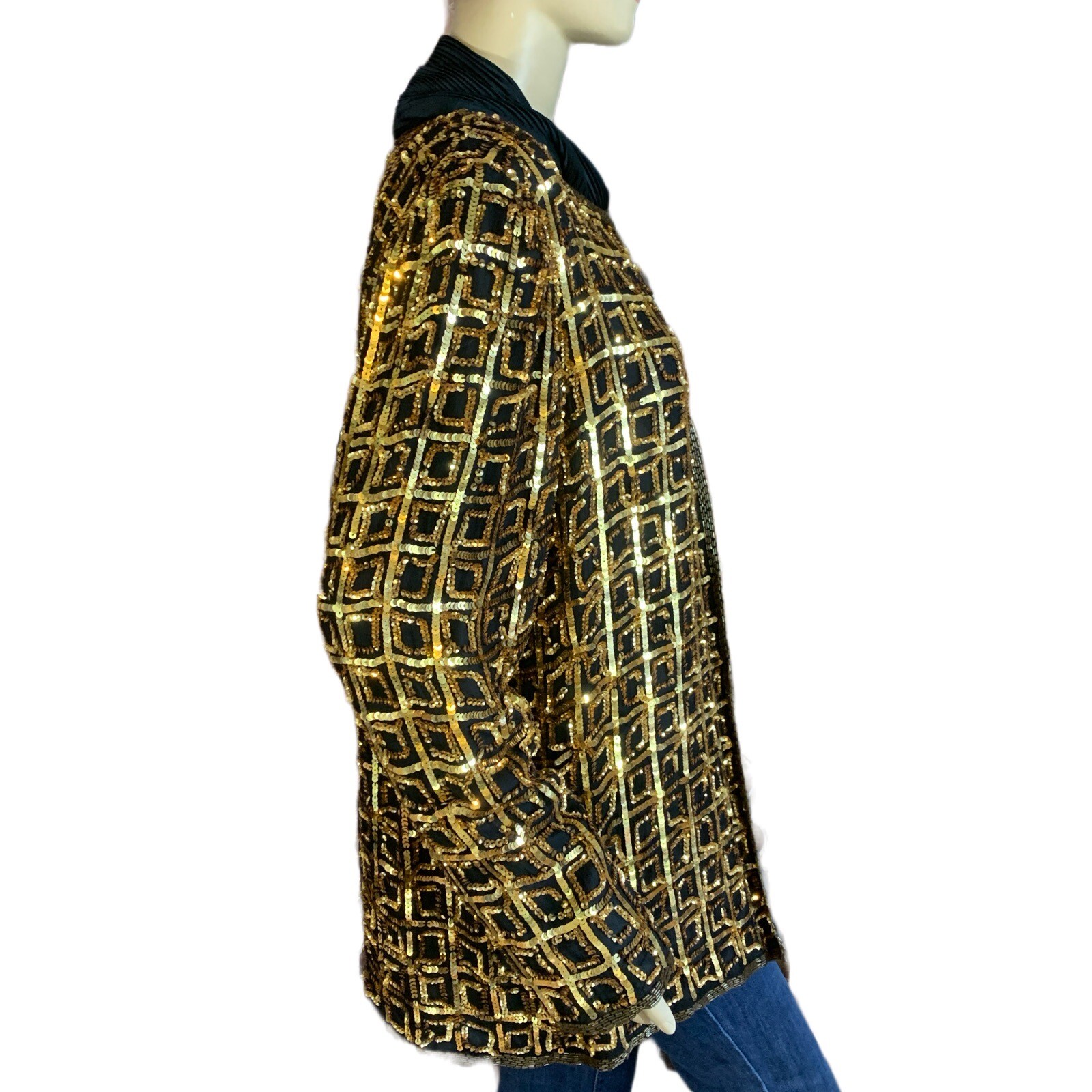 VINTAGE 1980’S CARINA BLACK & GOLD SEQUINS SILK JACKET SIZE XL