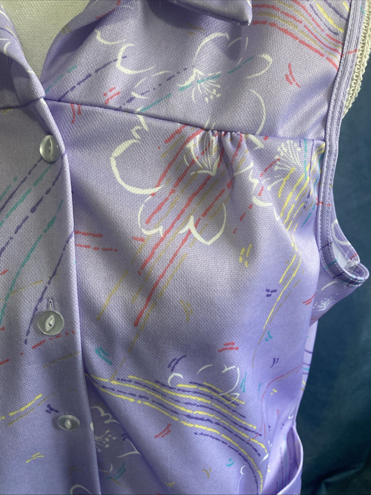Vintage 70s Purple Abstract Floral Smock Blouse Sleeveless Polyester GUC Size L