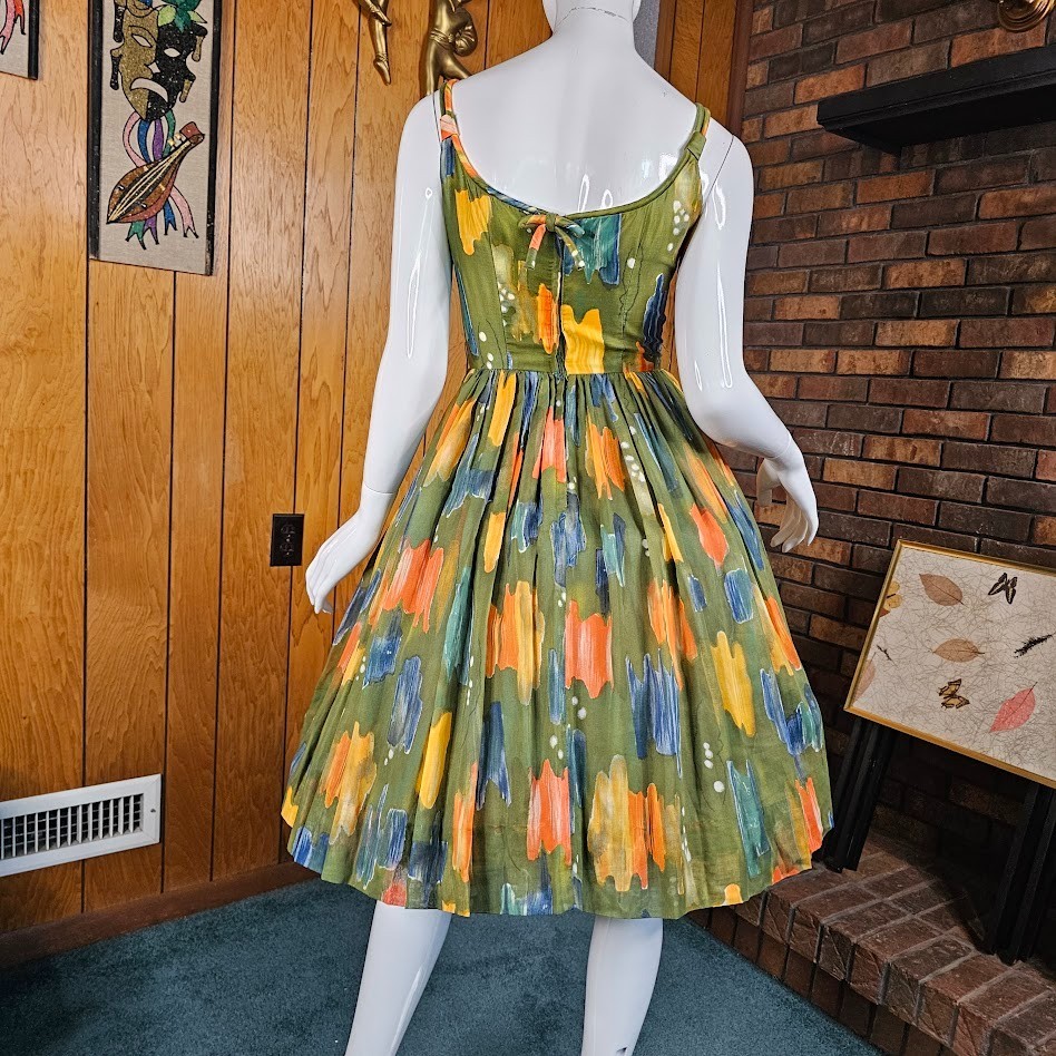 Vtg 50s Novelty Olive Paint Splatter Voile Circle Skirt Party Prom Dress XS/S P