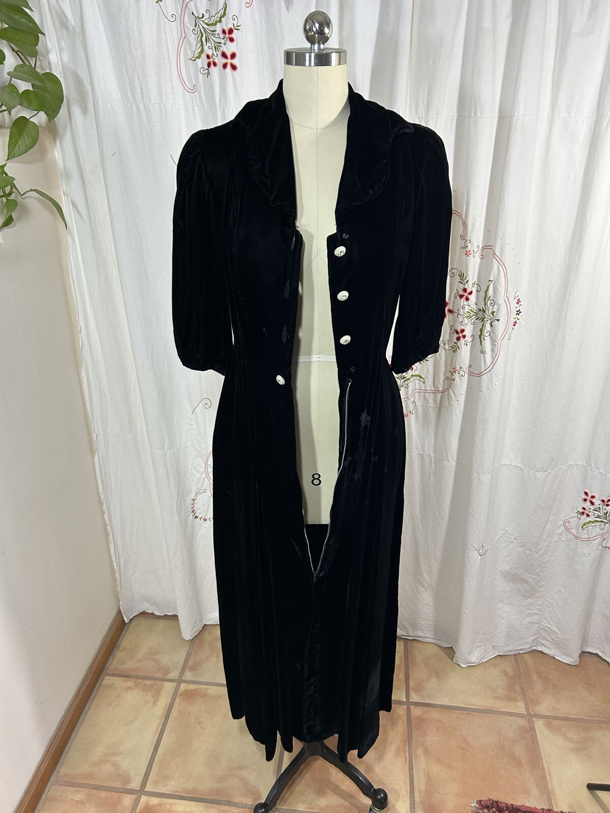 Vtg 30s Black Silk Velvet Long Dress Rhinestone Buttons Evening Hollywood sz 8/S