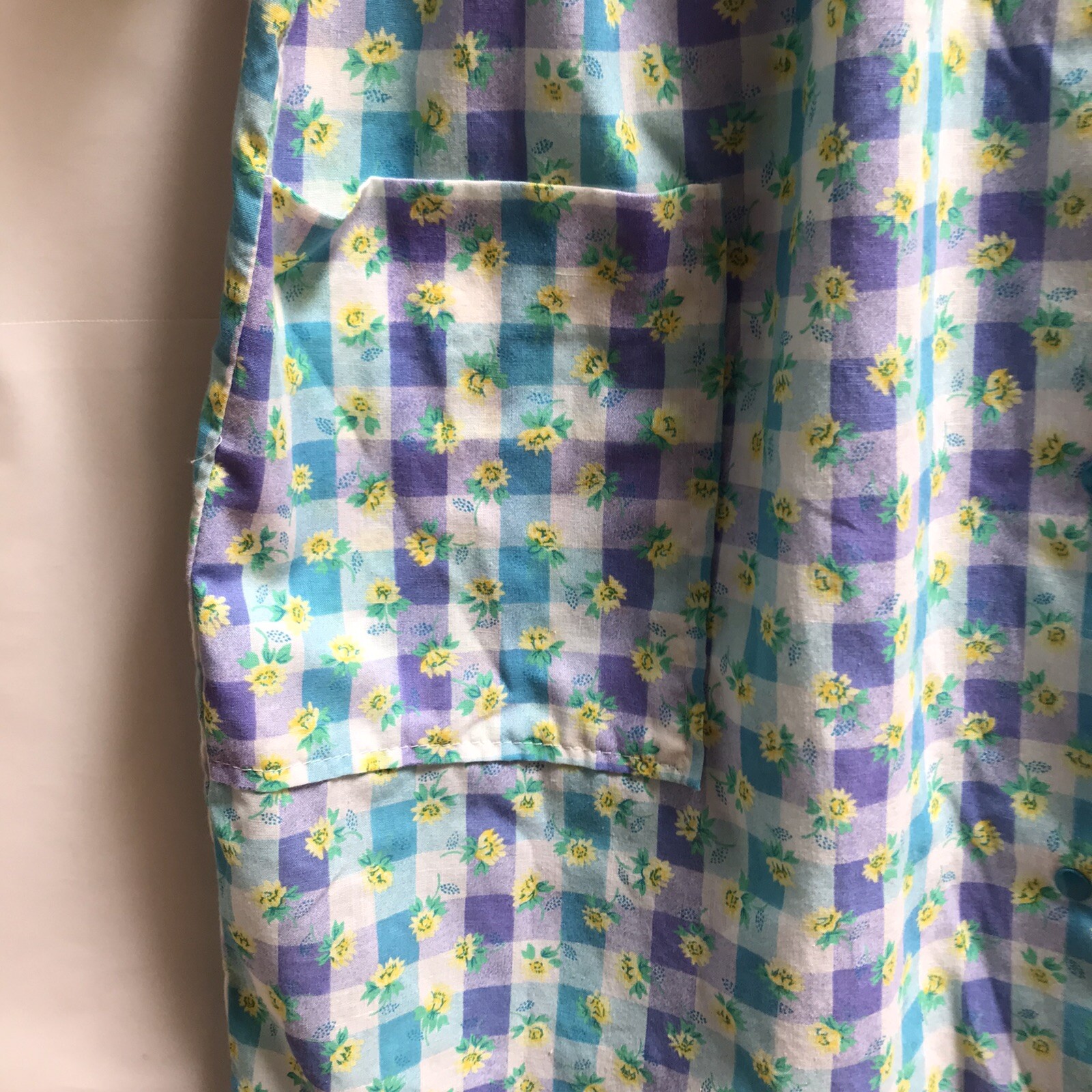 Vintage Dan Ellen House Coat Checkered Purple Blue White Yellow Flowers S-M