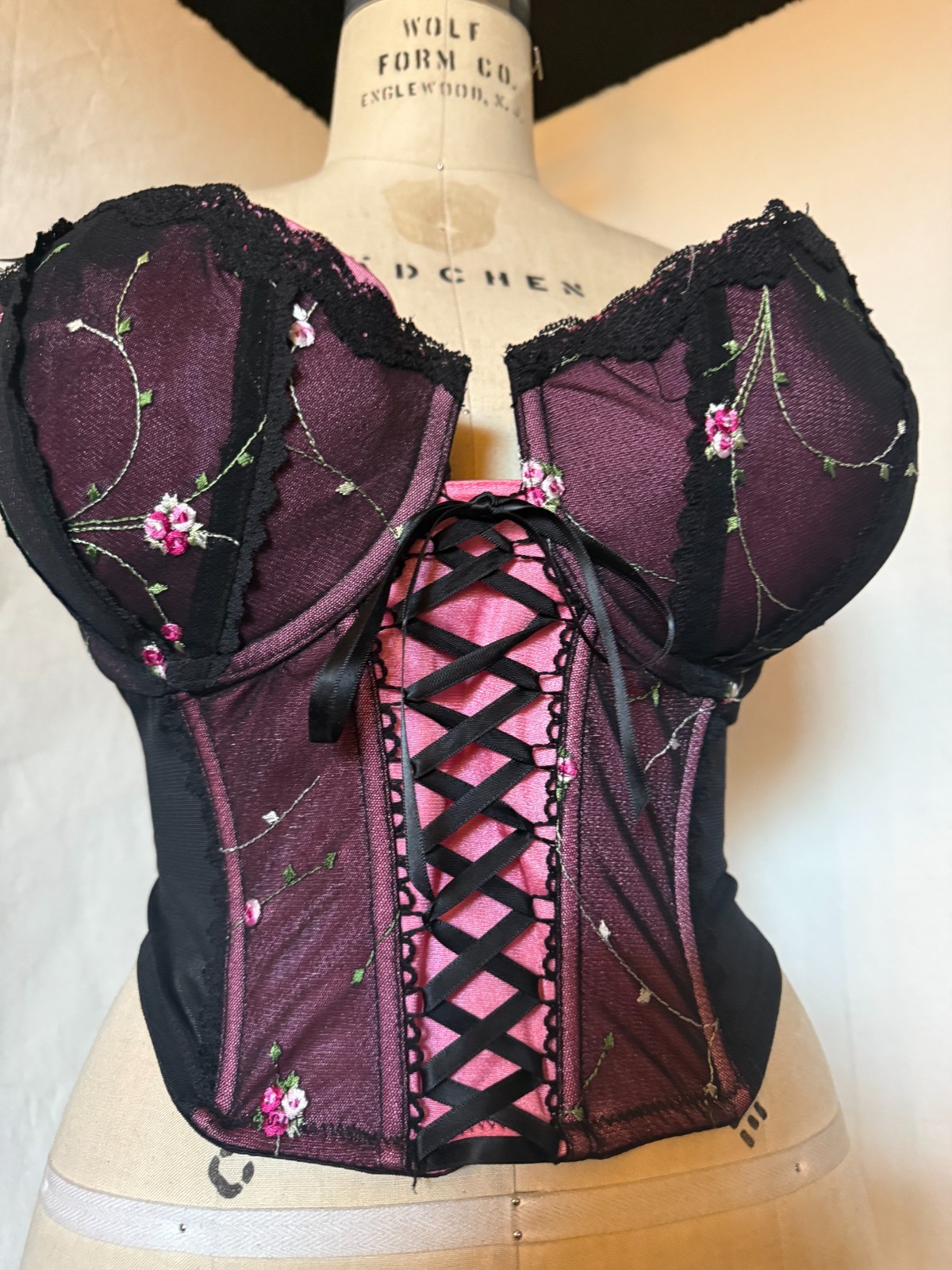LACE FRONT CORSET BUSTIER „ENCHANTED” SHEER BLACK NYLON w EMBROIDERED CUPS 42DD