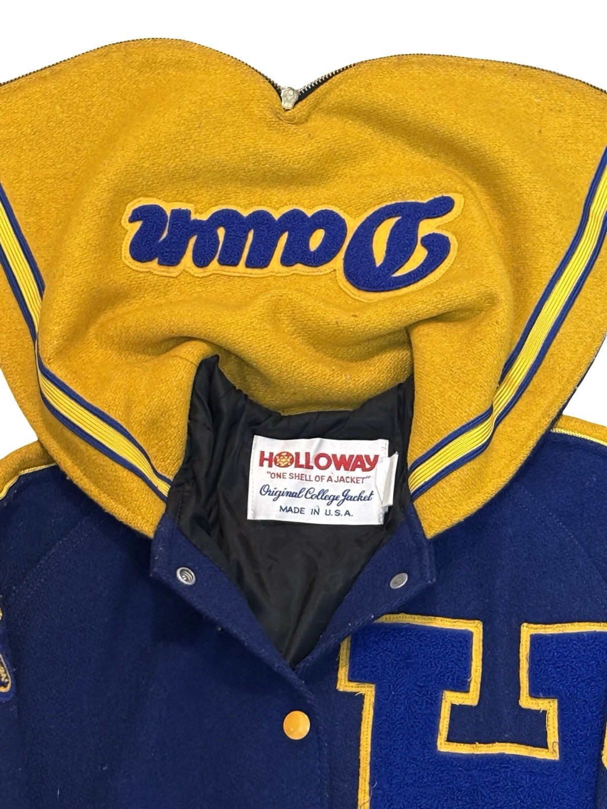 1987 Holloway Wool Blend Varsity Cheerleader Letterman’s Jacket Blue and Gold