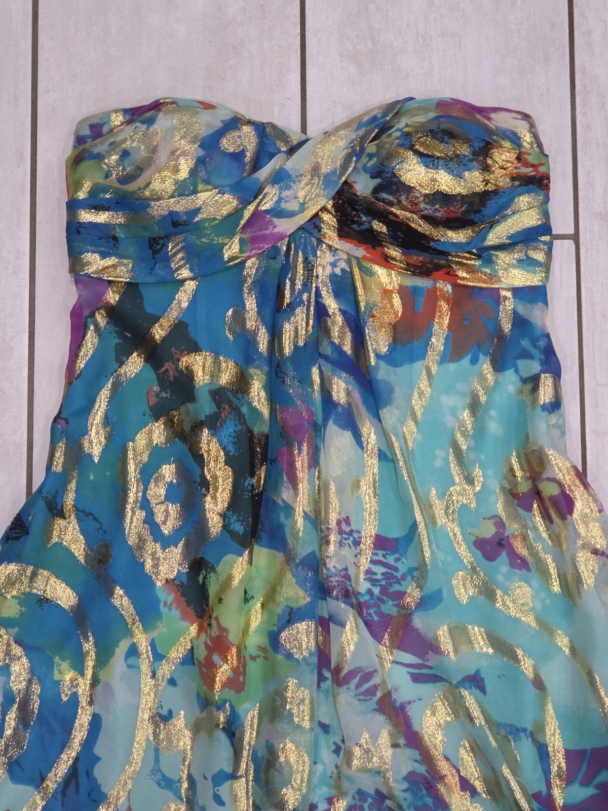 XSCAPE Y2K Vintage Silk Blend Strapless Bubble Hem Dress Metallic Gold Abstract