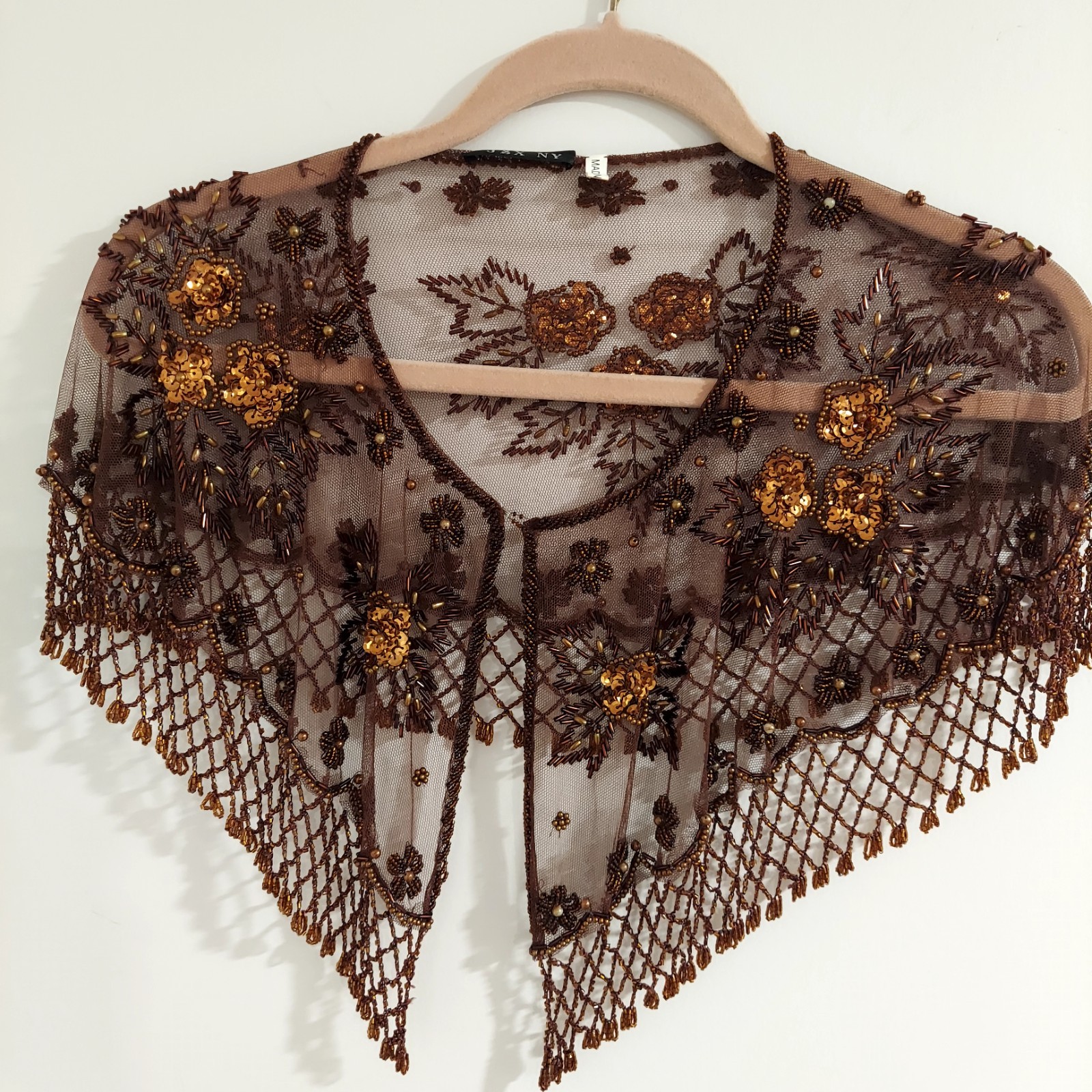 Vintage J&X NY Copper Brown Mesh Capelet adorned with bronze and gold sequin Sm
