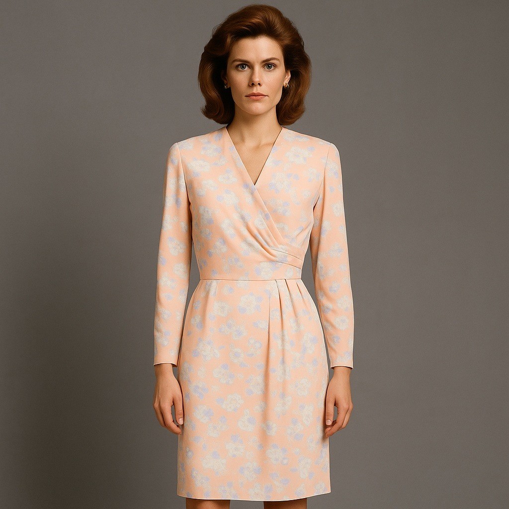 Vintage Jennifer Moore Floral Wrap Dress Peach Blue White Long Sleeve Size 12
