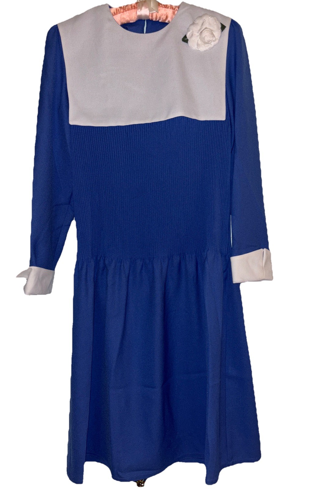 Vintage 80s Pleated White Collar Blue Dress Pleated Large Raul Blanco 12 L