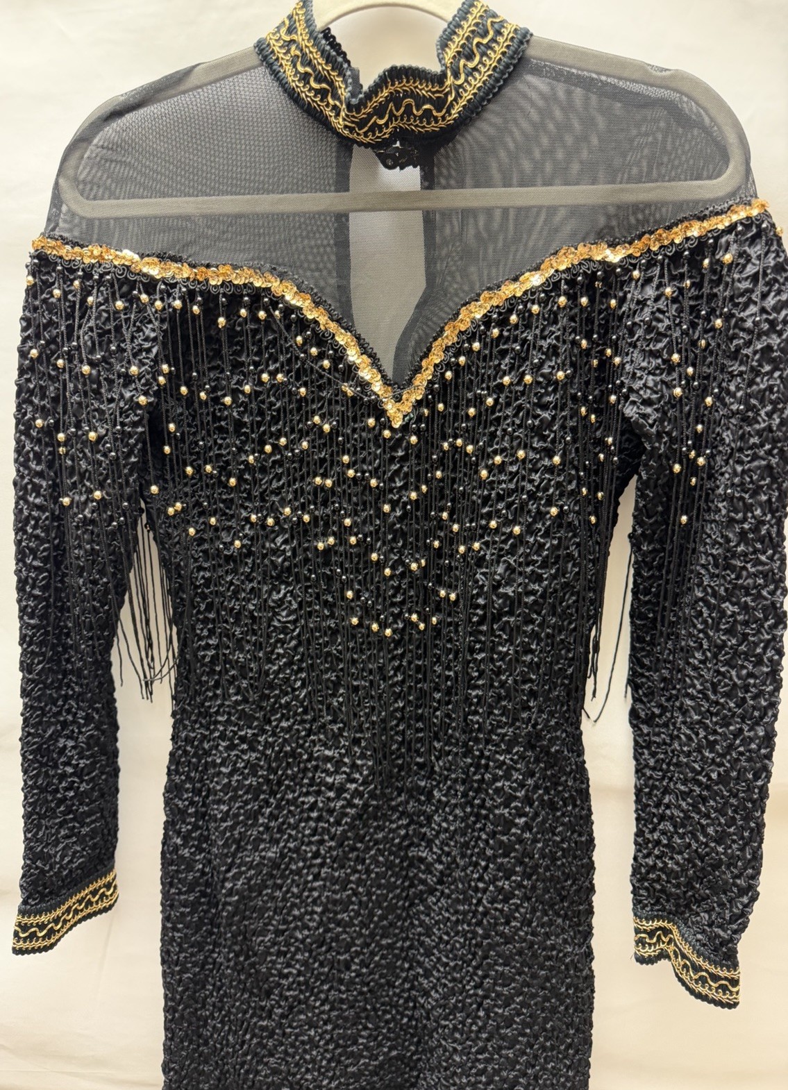Vintage 4-U Stretch Dress XL Black Gold Beaded Made in New York USA