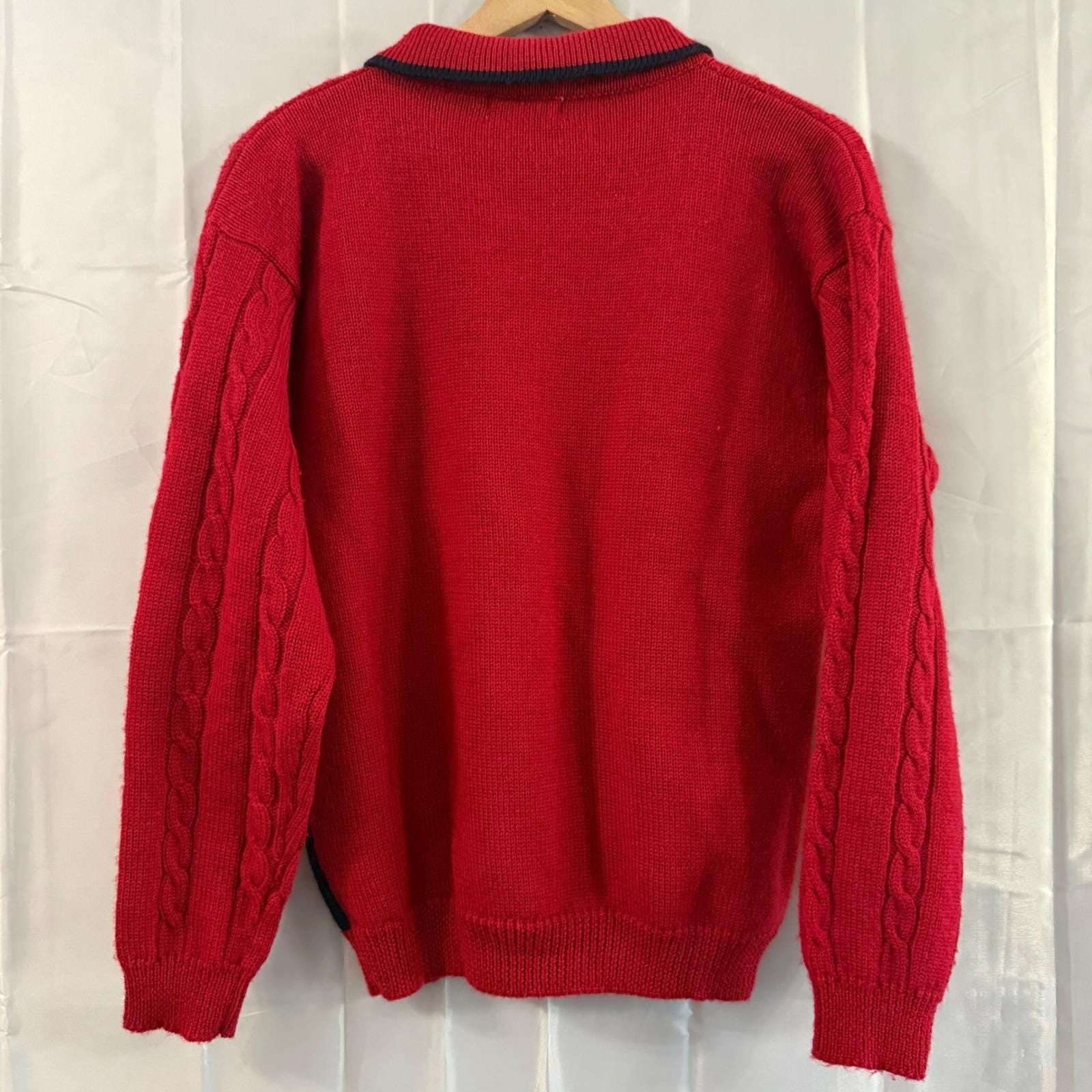 Vintage Eagles Eye Red Wool Cable Knit Red Sweater Crest Floral Polo Collar L