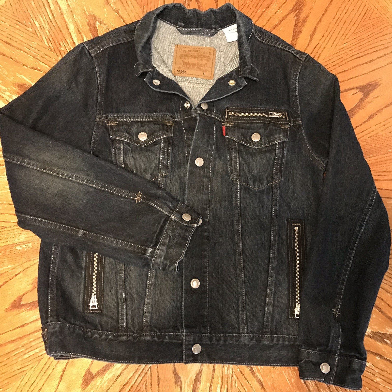 LEVIS Jean Jacket Moto Style Trucker #57540 Denim Zipper Rare Snaps Vintage XL
