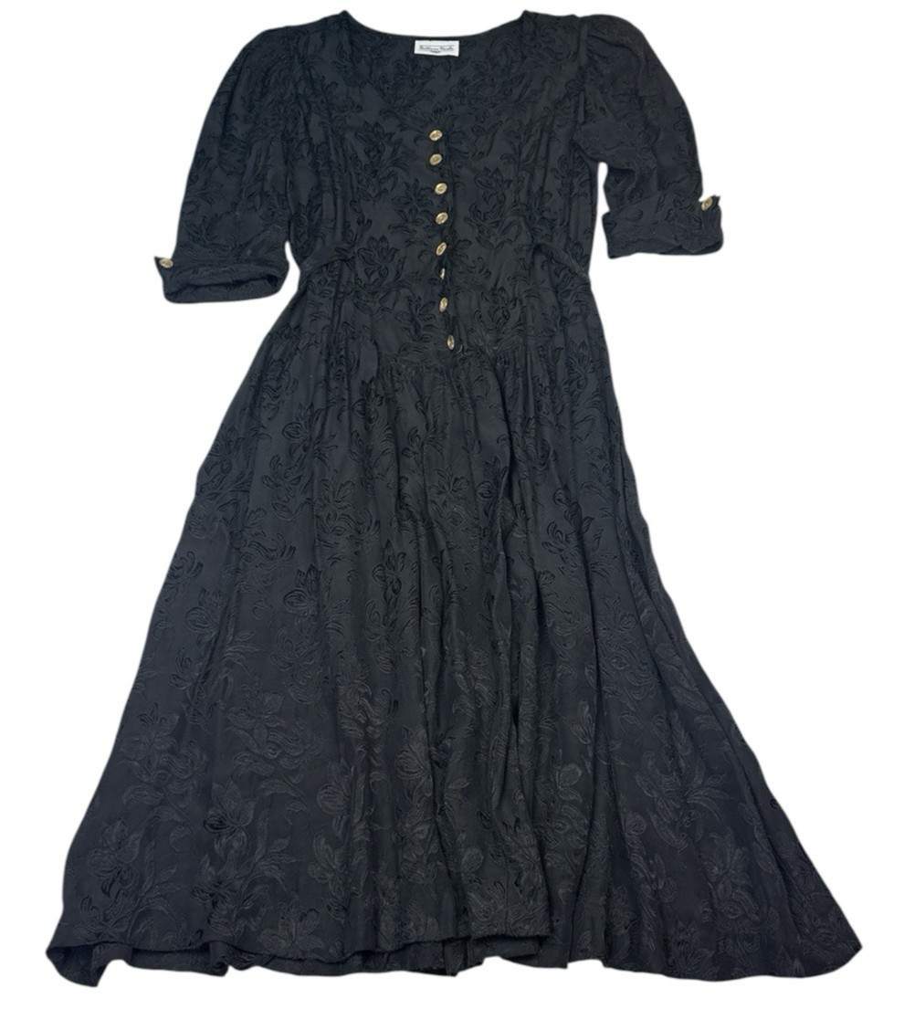 Brittany Nicole Women Medium Large Vintage Dress Black Floral Tapestry Button Up