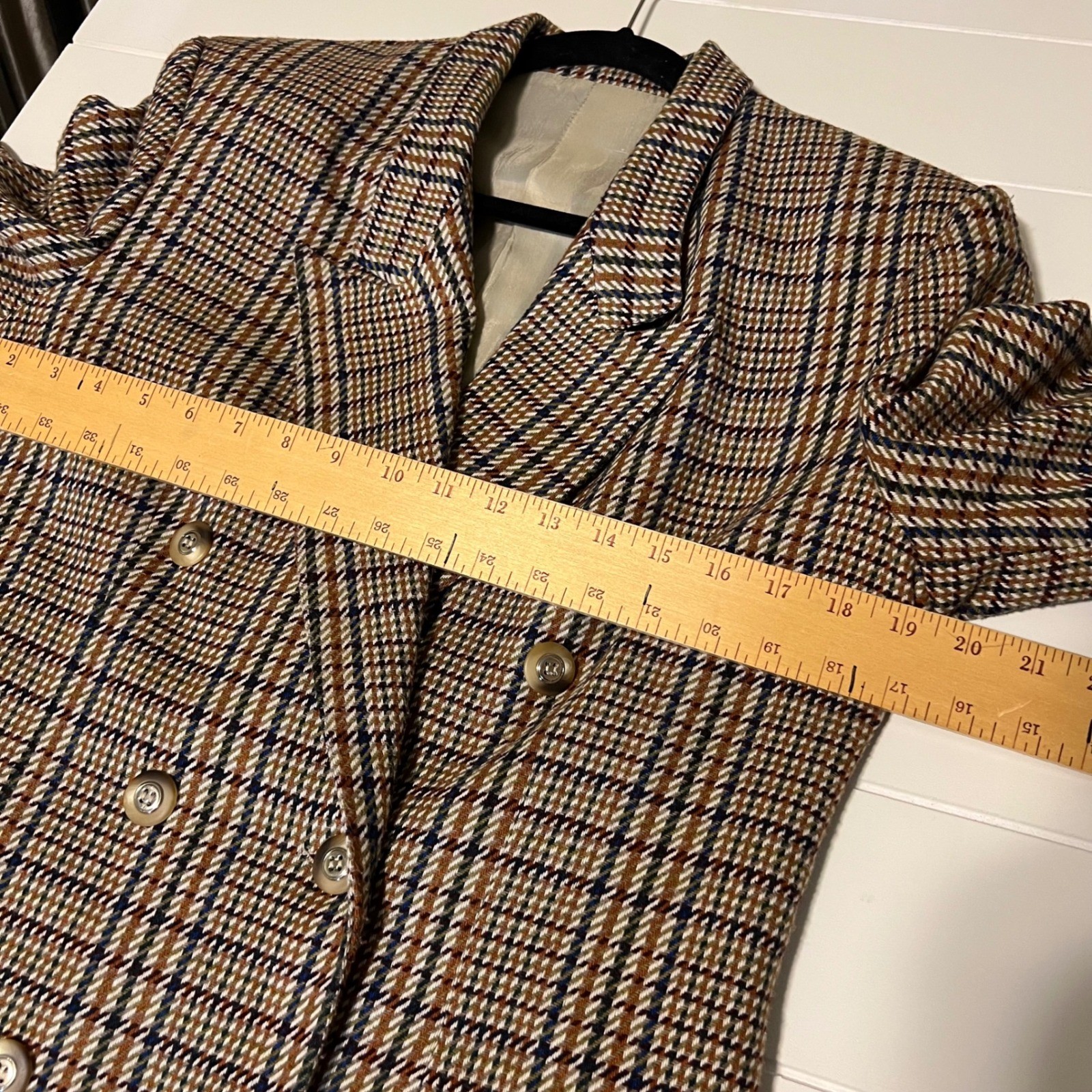 Hugo Buscati Milano Vintage Plaid Skirt Suit Brown Blue Wool Blend Size 8 USA