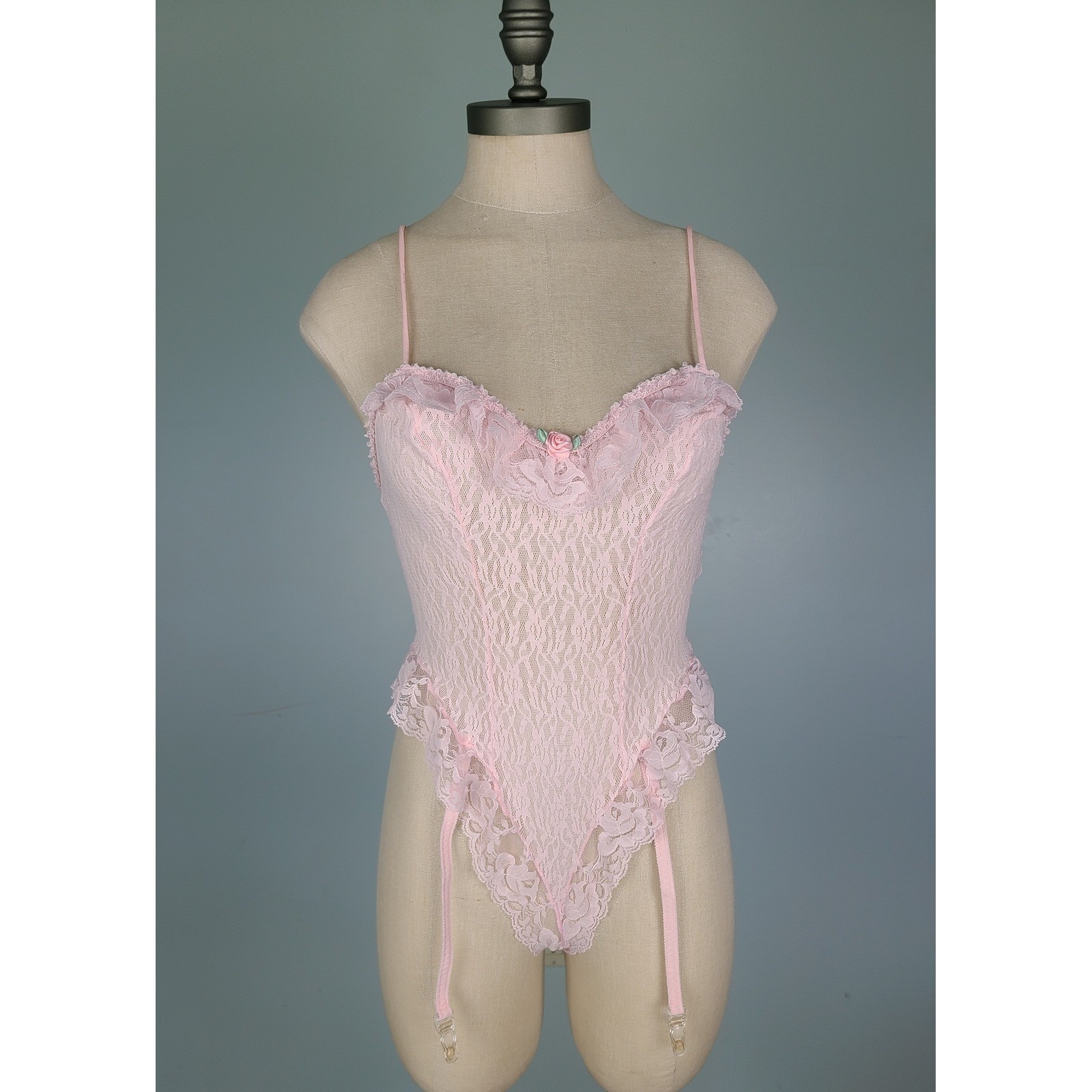 VTG Lace Teddy Bodysuit Thong Sz S Lgt Pink Roses Garter Coquette Princess Y2K