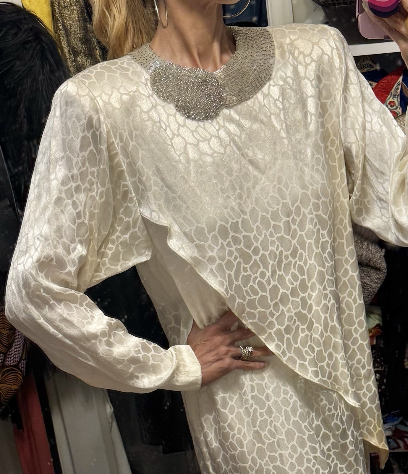 Vtg A J Bari Isaacson’s Ivory Off White Leopard Beaded Neckline Shoulder Dress