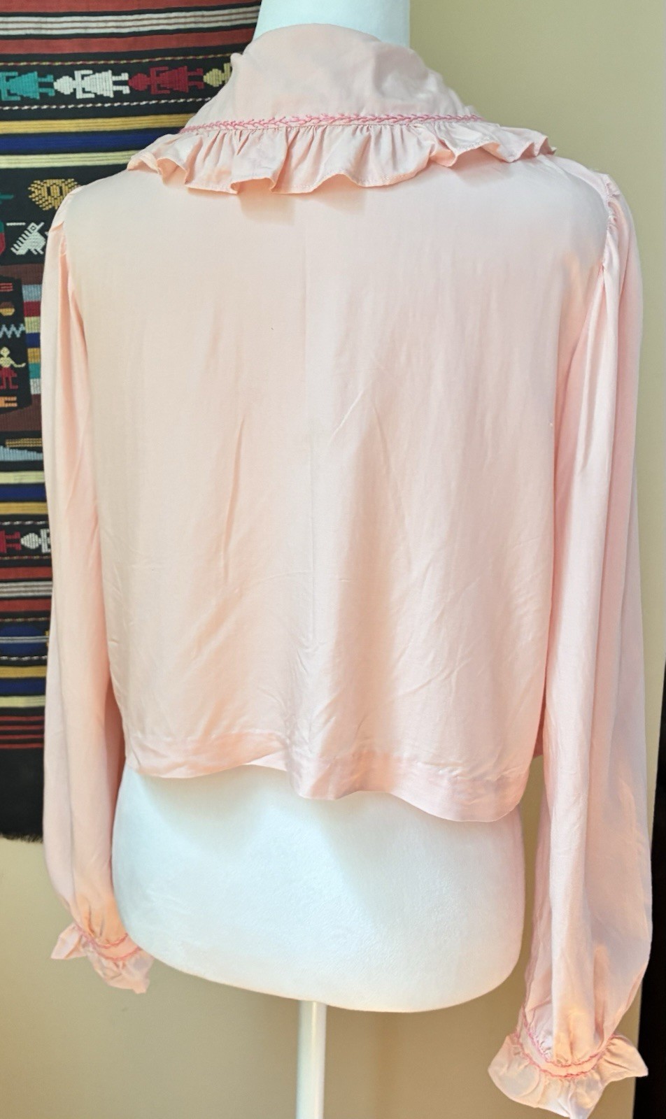 Vintage 40s/50s Handmade Pink Bed Jacket w Ruffle Collar & Embroidery
