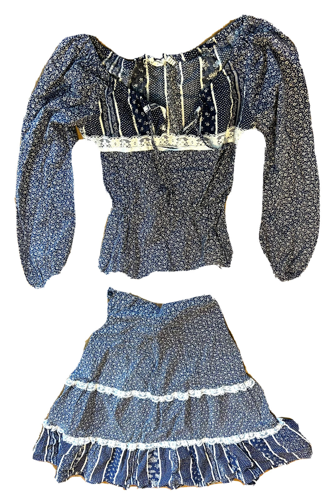 Vintage Prairie Dress 2 Pc Skirt Blouse Tier Cottage Pastoral S 30 Leo New York