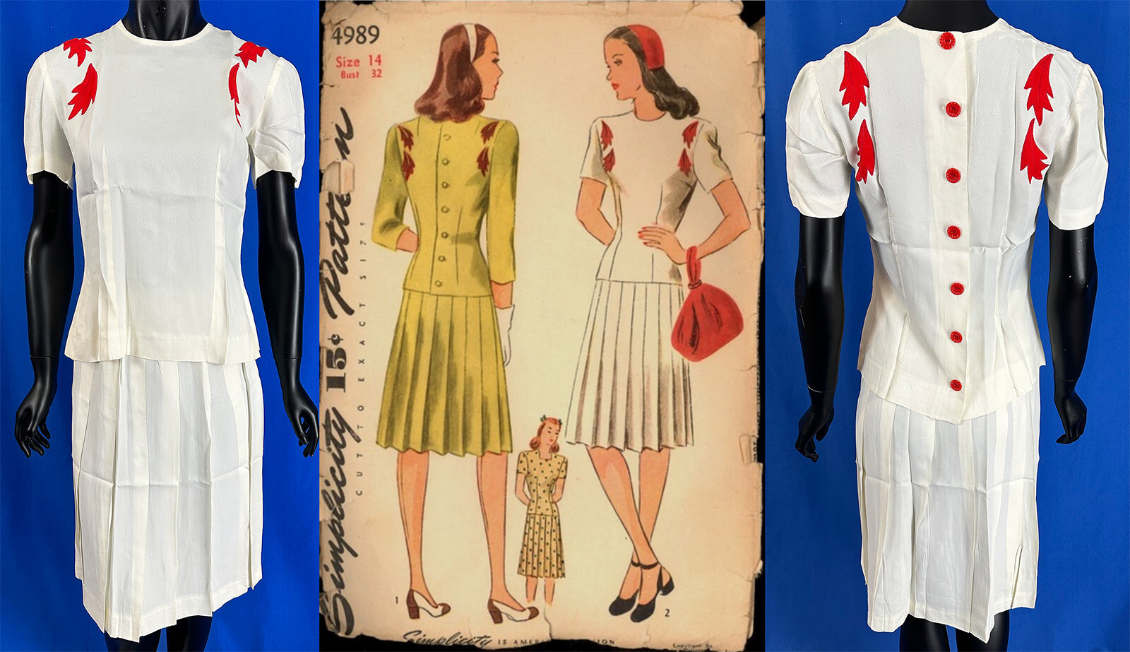 Vintage White Silk Red Leaf Applique Pleat Swing Skirt Button Back Blouse Dress