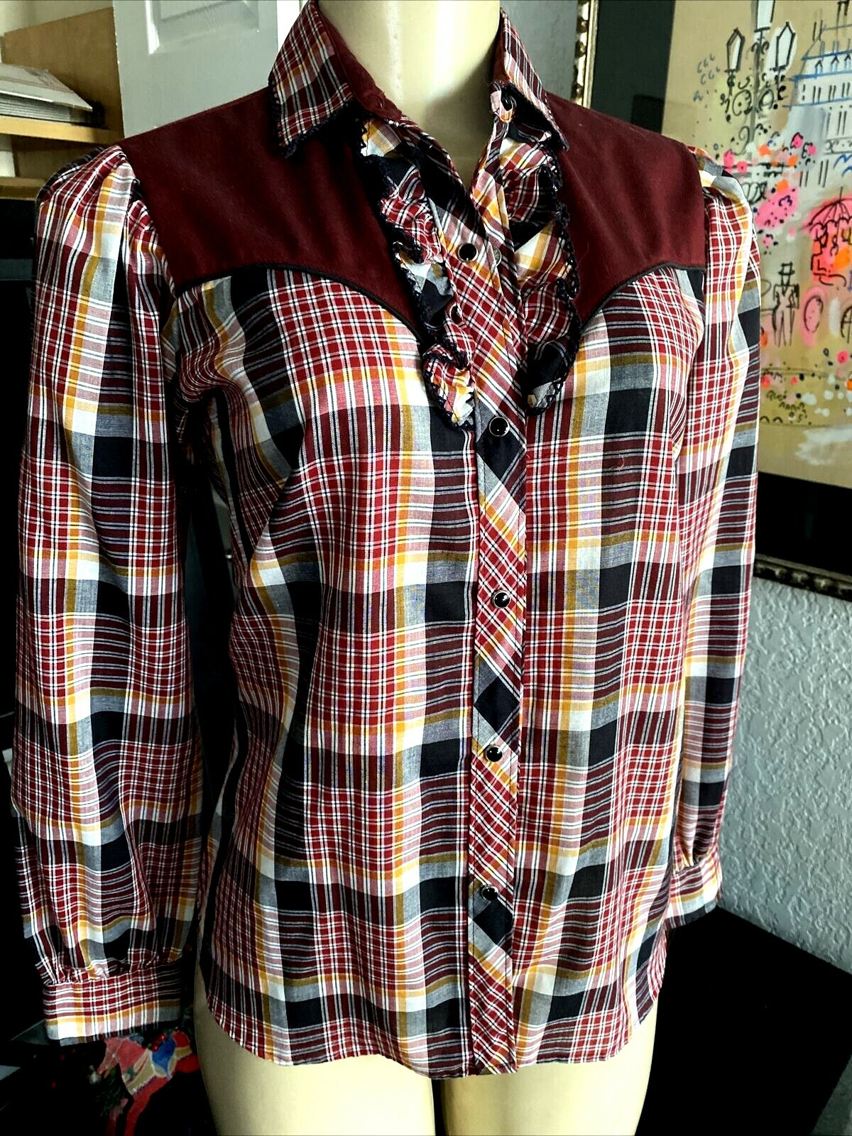 Kenny Rodgers Western Shirt Karmen L/S PEARL BUTTONS Plaid RUFFLE SZ T/8 Y3