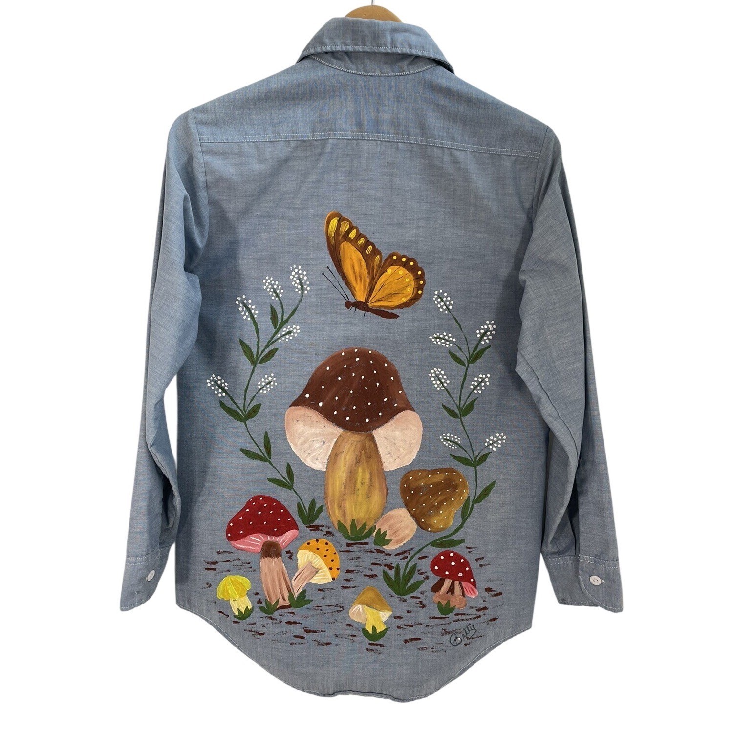 VTG Big Mac JCPenney Hand Painted Mushroom Butterfly Shirt Anita Blue 70s 80s