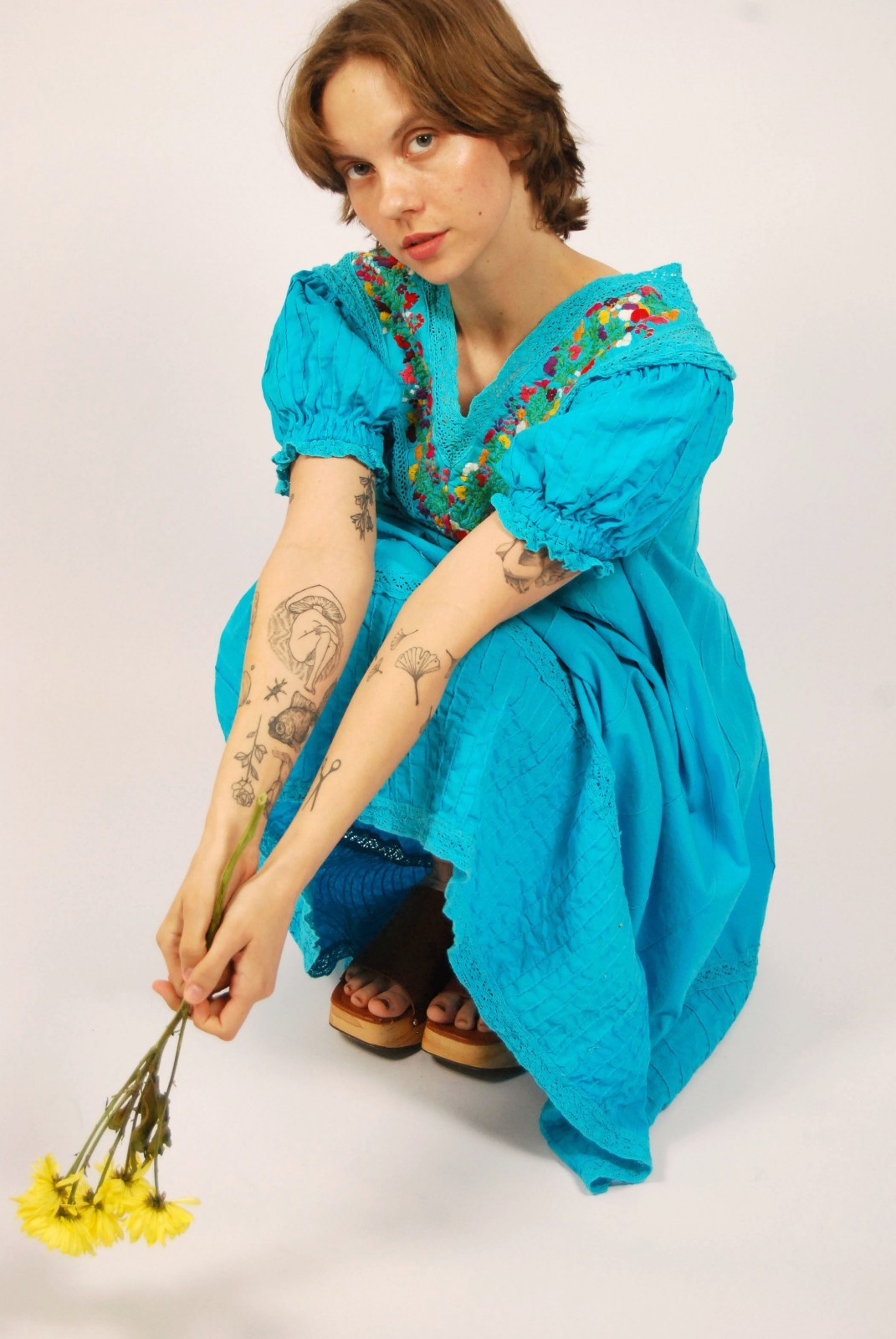 70s Mexican Embroidered Dress (L) large blue vintage shift floral boho sundress