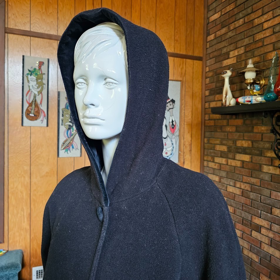 Vtg 80s Little Gothic Riding Hood Black Wool Velvet Full Length Cloak Coat L/XL