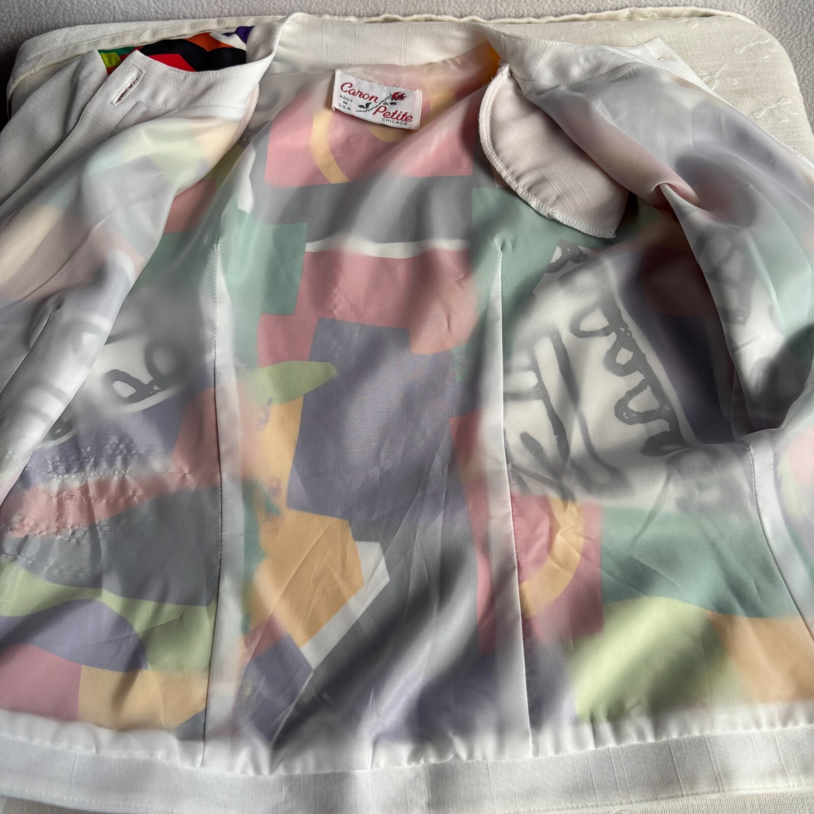Vintage 1980s Caron Petite Colorful Geometric Print Suit Jacket