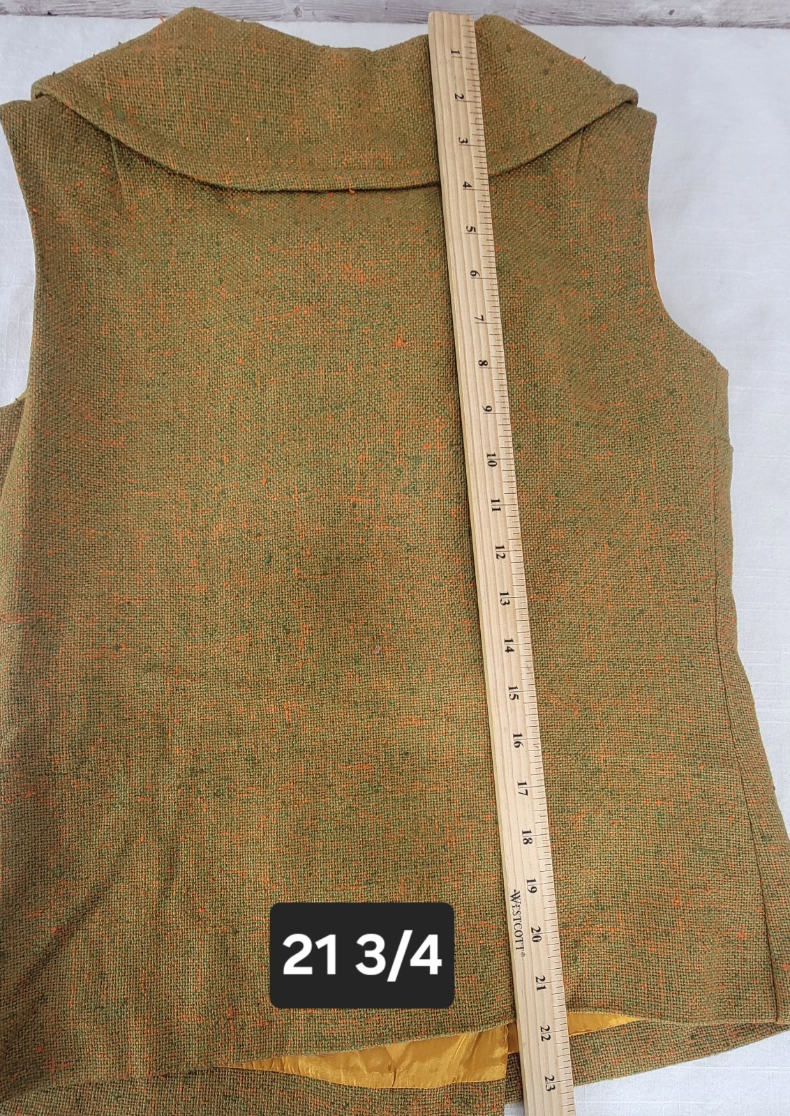 Vintage 60s Mara by Romay Skirt & Vest Suit Set XXS Olive Green Orange Bow Nubby