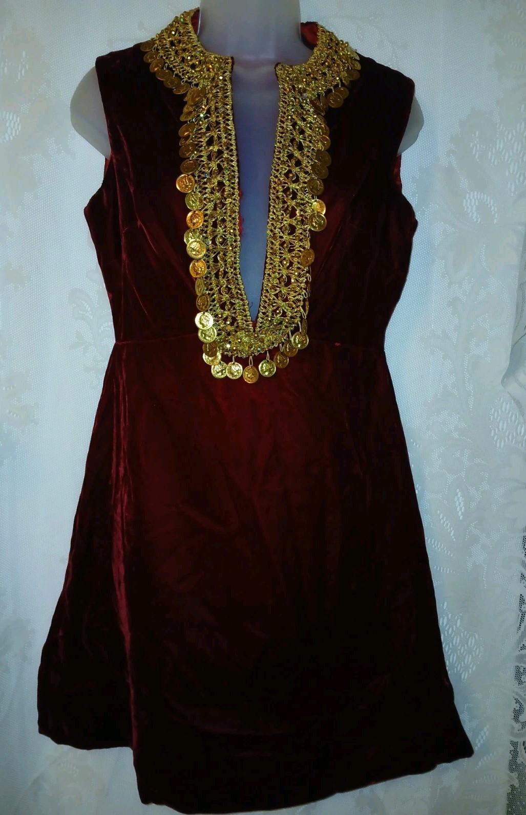 Vintage 60s Renaissance Revival Red Velvet Gold Brocade Coins Tunic Mini Dress