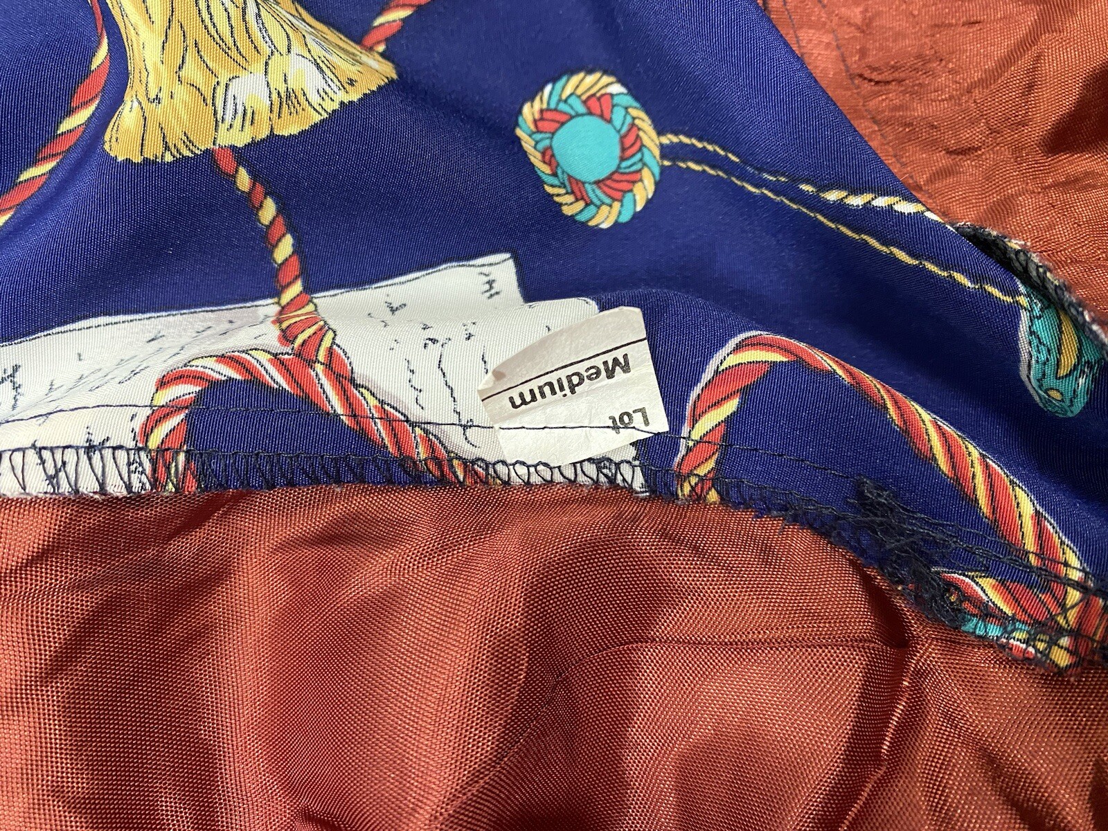Vintage Women’s Jacket SIZE MEDIUM blue post card writing tassel 80s 90s