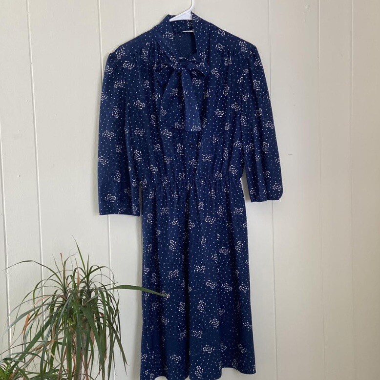 Vintage 1970s Earth Angel Navy Pussybow Midi Dress