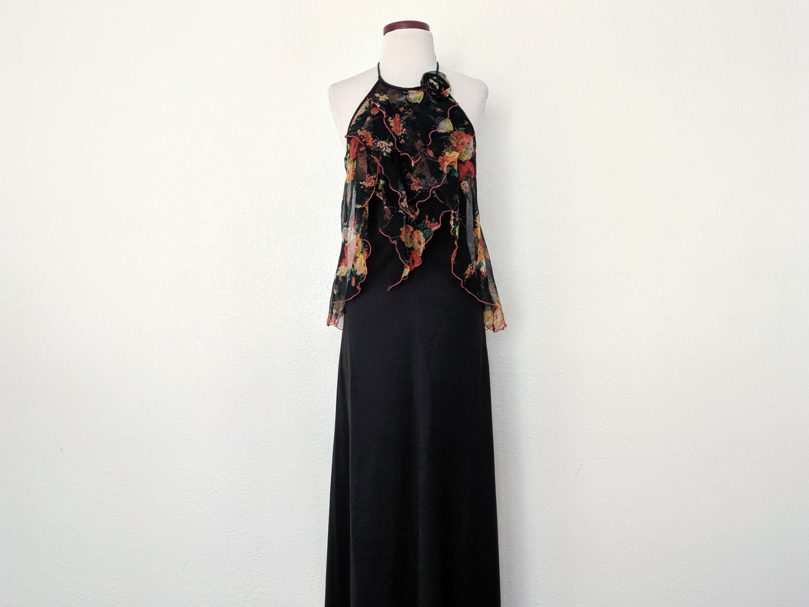 Vintage 70s Black Floral Maxi Dress, 1970s Boho Halter Top Long Jersey Dress