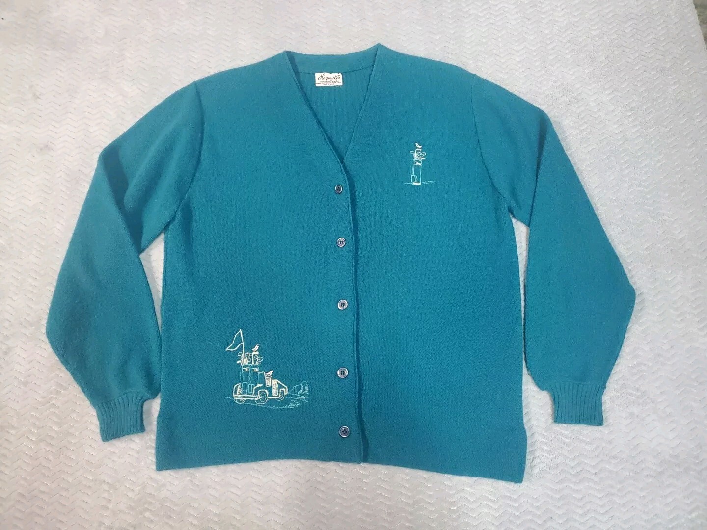 Vtg Haymaker Sweater Womens Large 42 Green Cardigan Embroidered Golf Cart Clubs