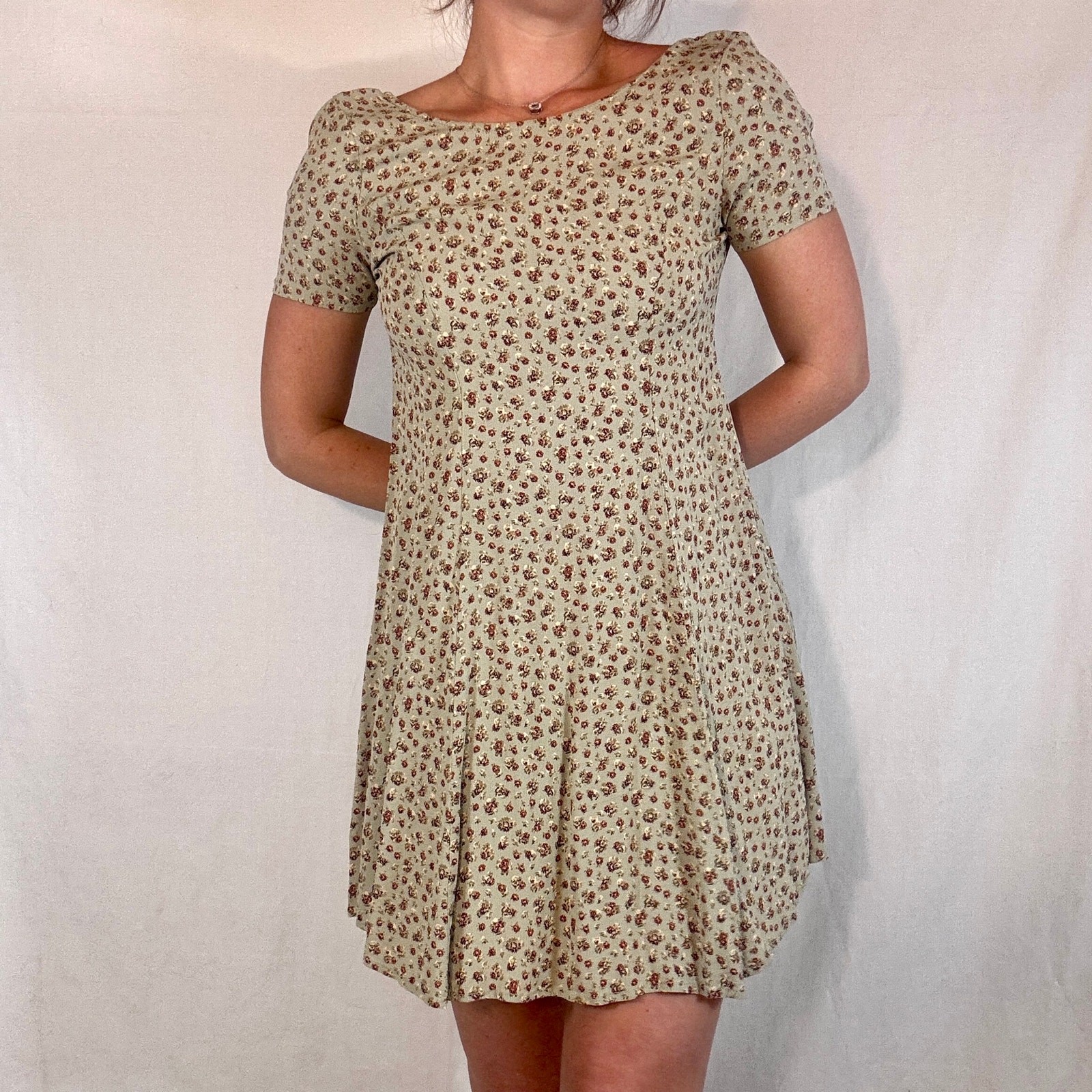 Vintage 1990s Ann Taylor Floral Mini Dress Green Bouquet Print Smocked Back 10P