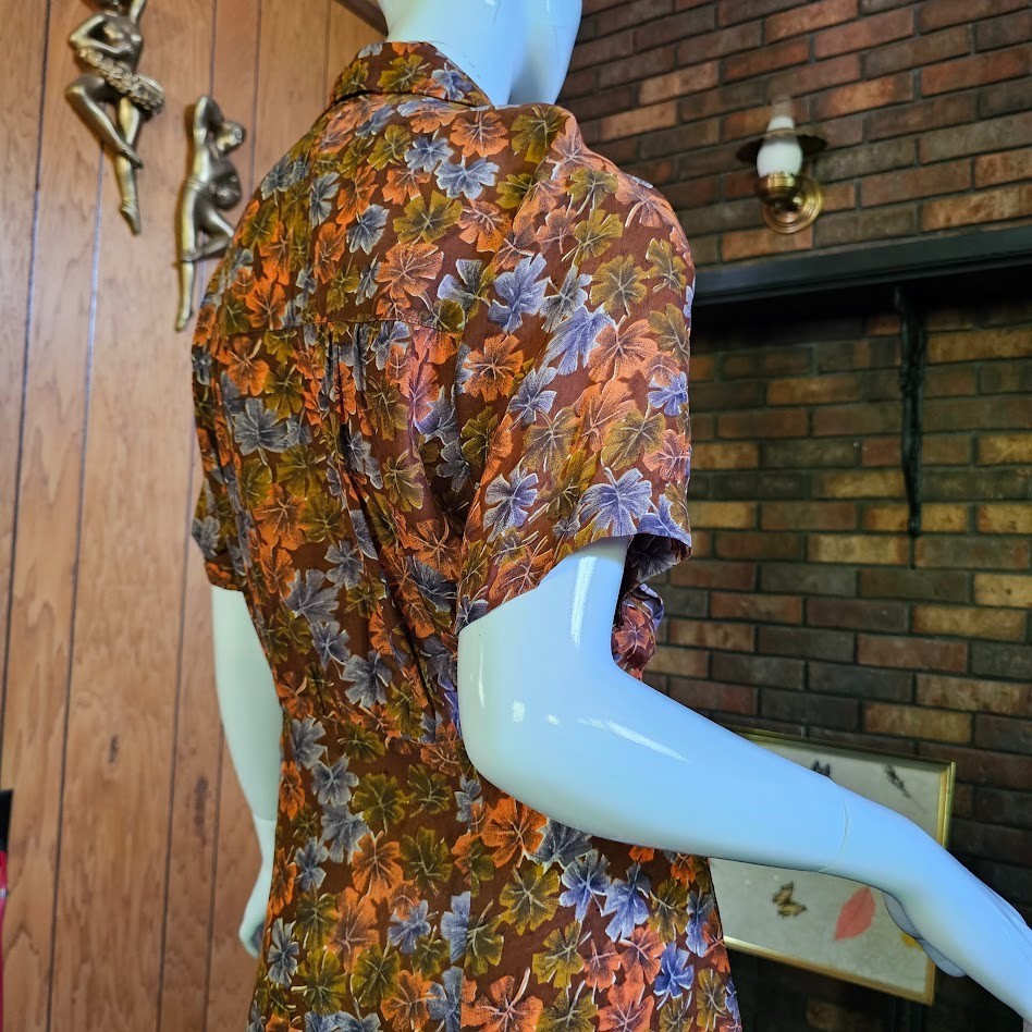 Vintage 40s 50s Novelty Fall Print Volup Shirtwaist Cold Rayon Day Swing Dress L
