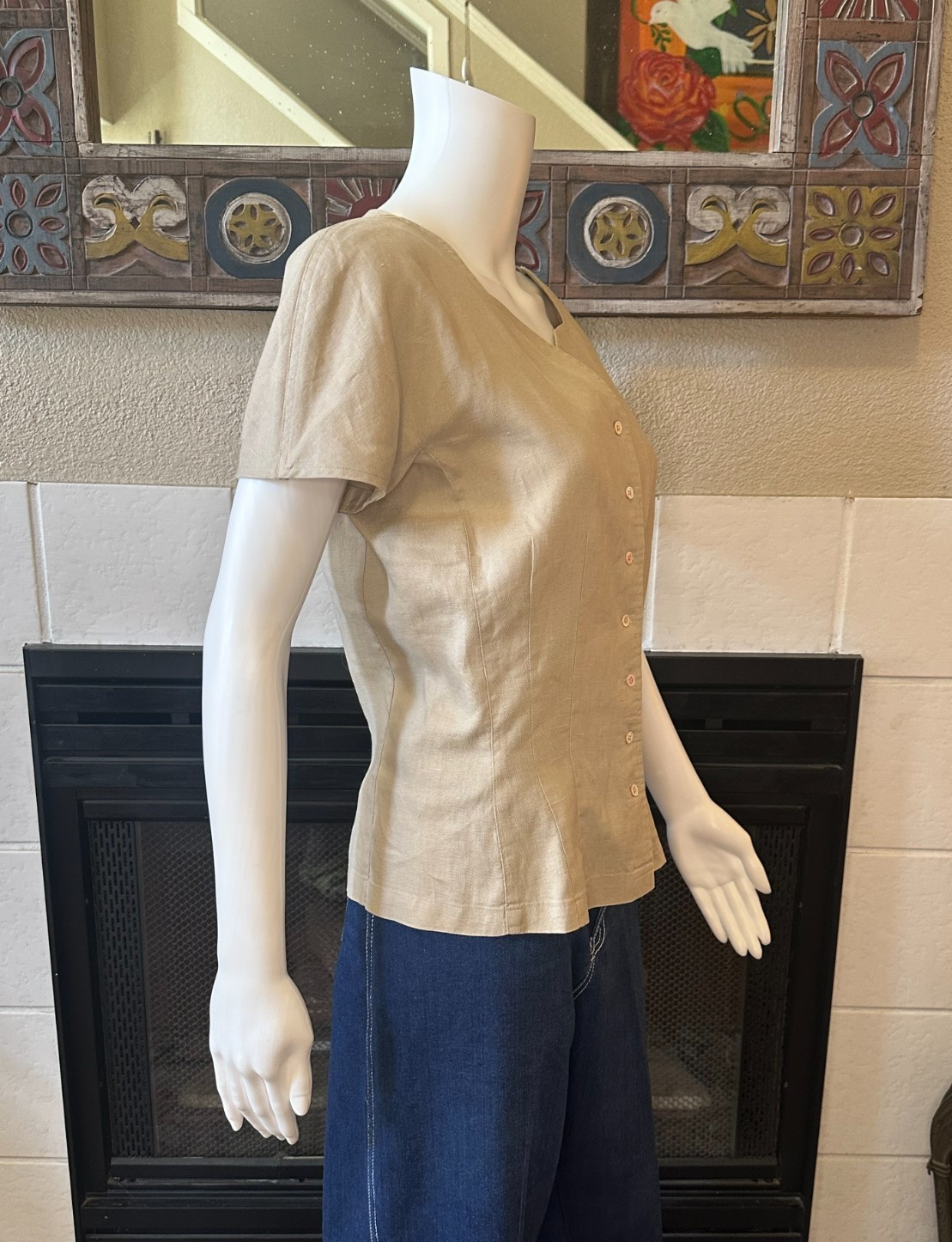 Claude Bennett Short Sleeve 100% Linen Size 12 tan button up blouse vtg
