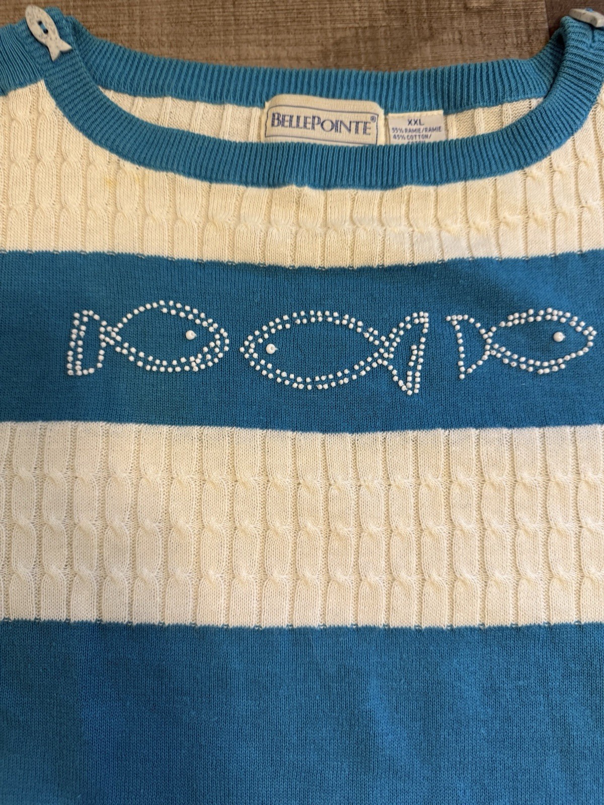 Vintage Bellpointe Striped Beaded Fish 3/4 length Sweater Sz XXL