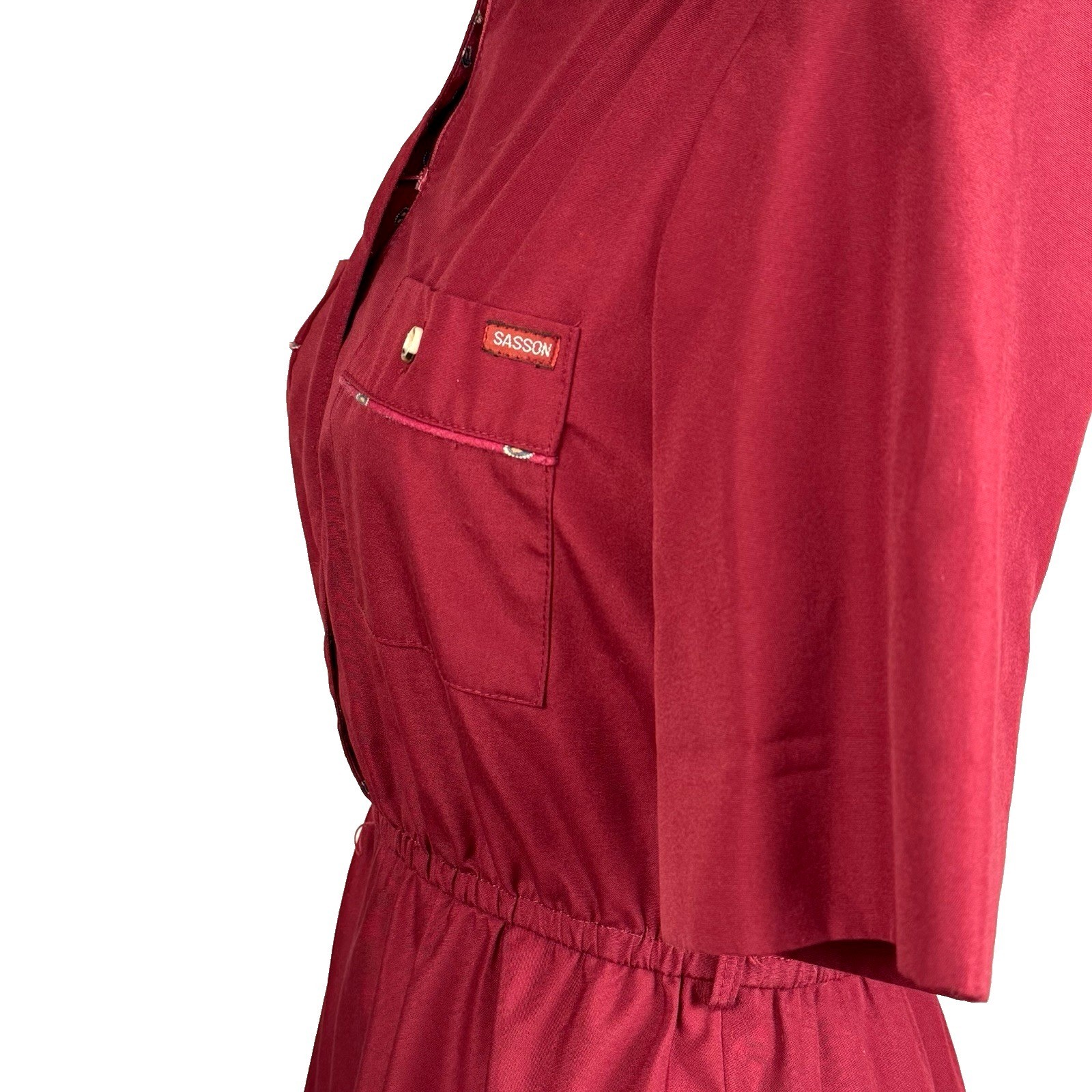 Sasson Short Sleeve Shirt Dress Vtg 70’s Maroon Paisley Trim Cotton Retro Preppy
