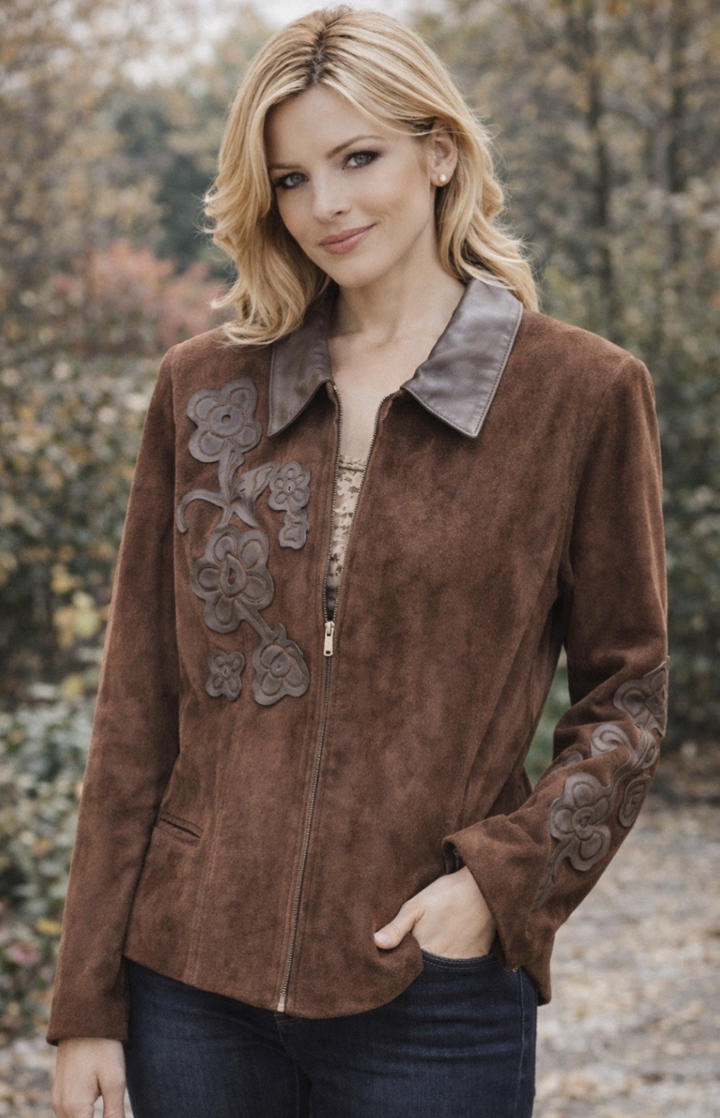 Vintage MARGARET GODFREY Genuine Suede Jacket Size M Brown Leather Flowers Zip