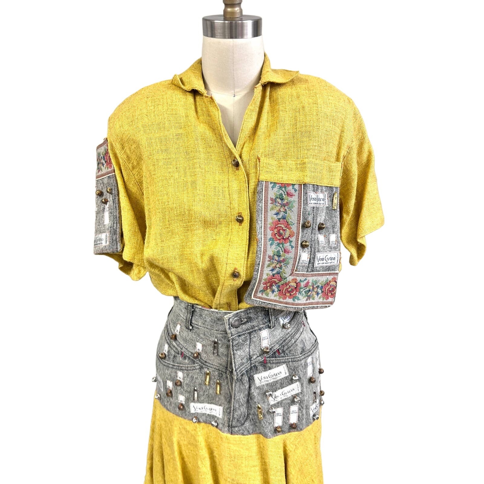 Vera Cristina NY VTG 1980s Skirt & Top Set Yellow Linen Gray Denim Beaded Sz M